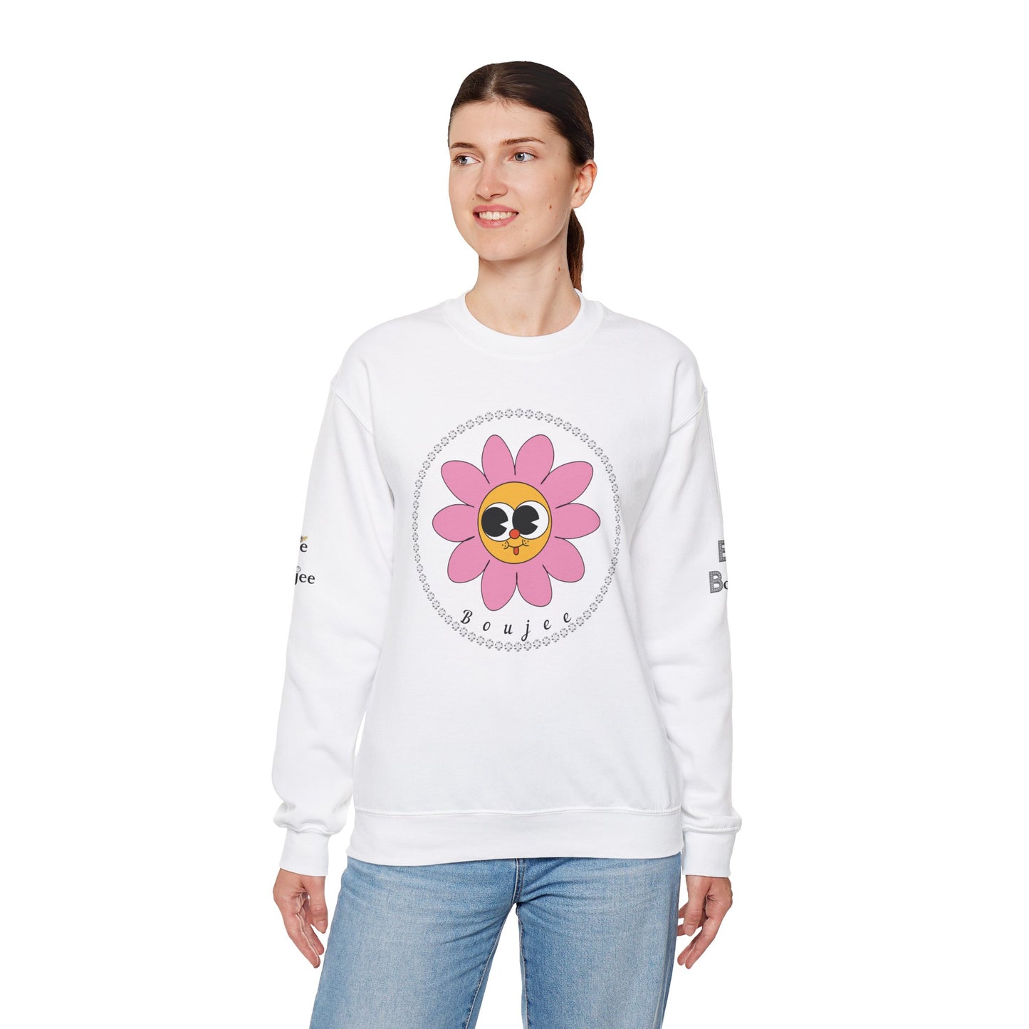 Boujee Flower Smiley Face Pink Gold Wide-Eyed - Heavy Blend™ Light Colors Crewneck Sweatshirt
