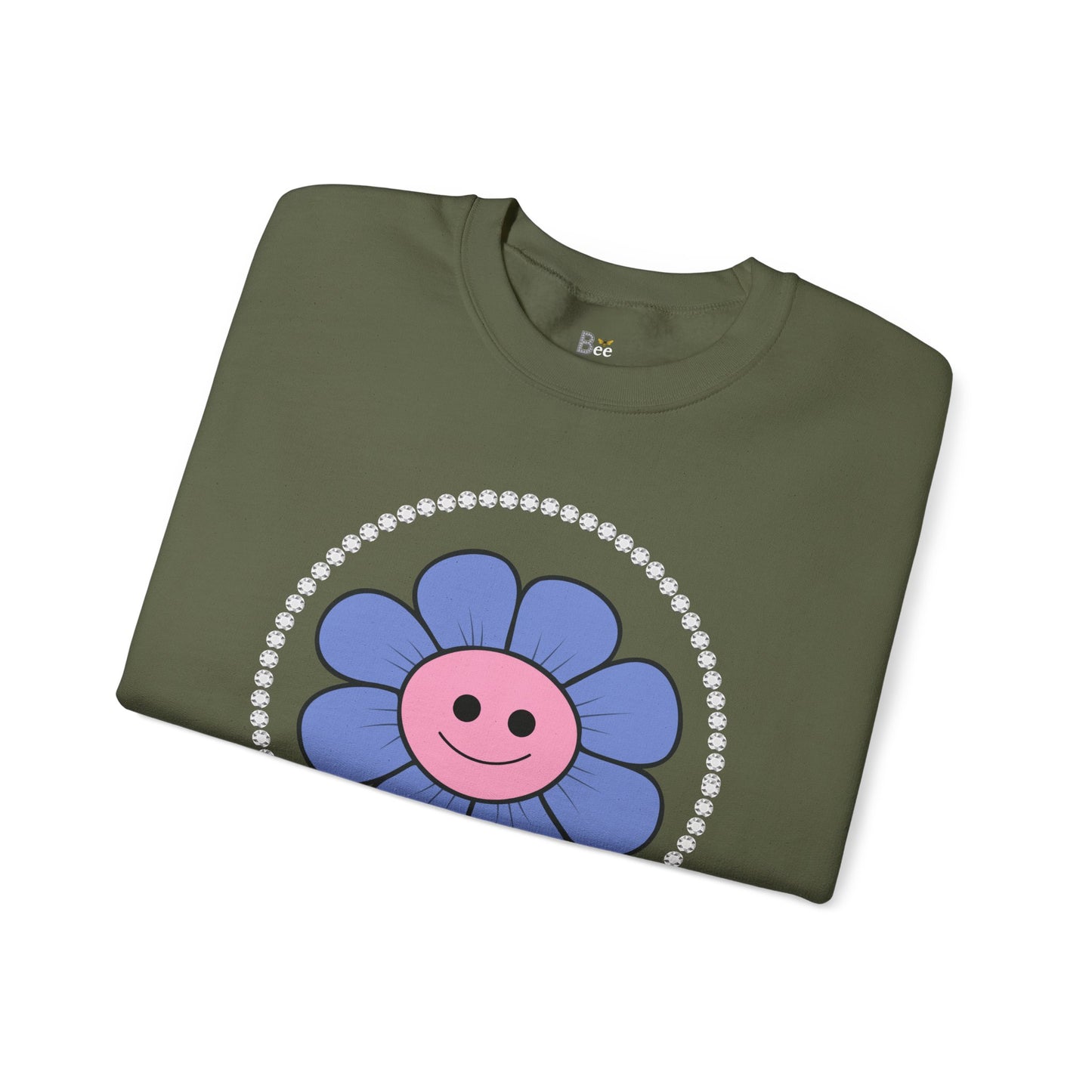 Boujee Flower Smiley Face Blue Pink - Heavy Blend™ Dark Colors Crewneck Sweatshirt