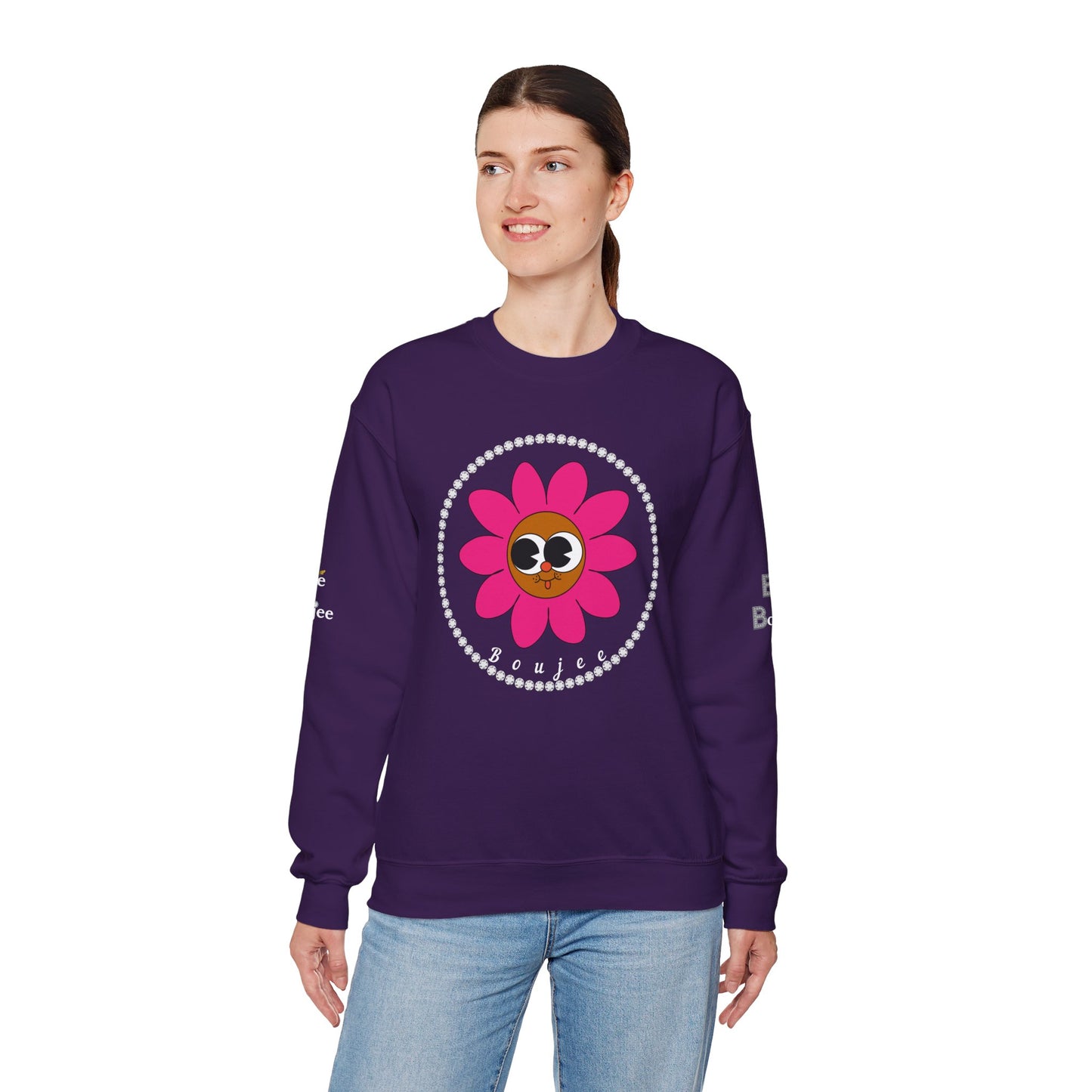 Boujee Flower Smiley Face Pink Brown Wide-Eyed - Heavy Blend™ Dark Colors Crewneck Sweatshirt