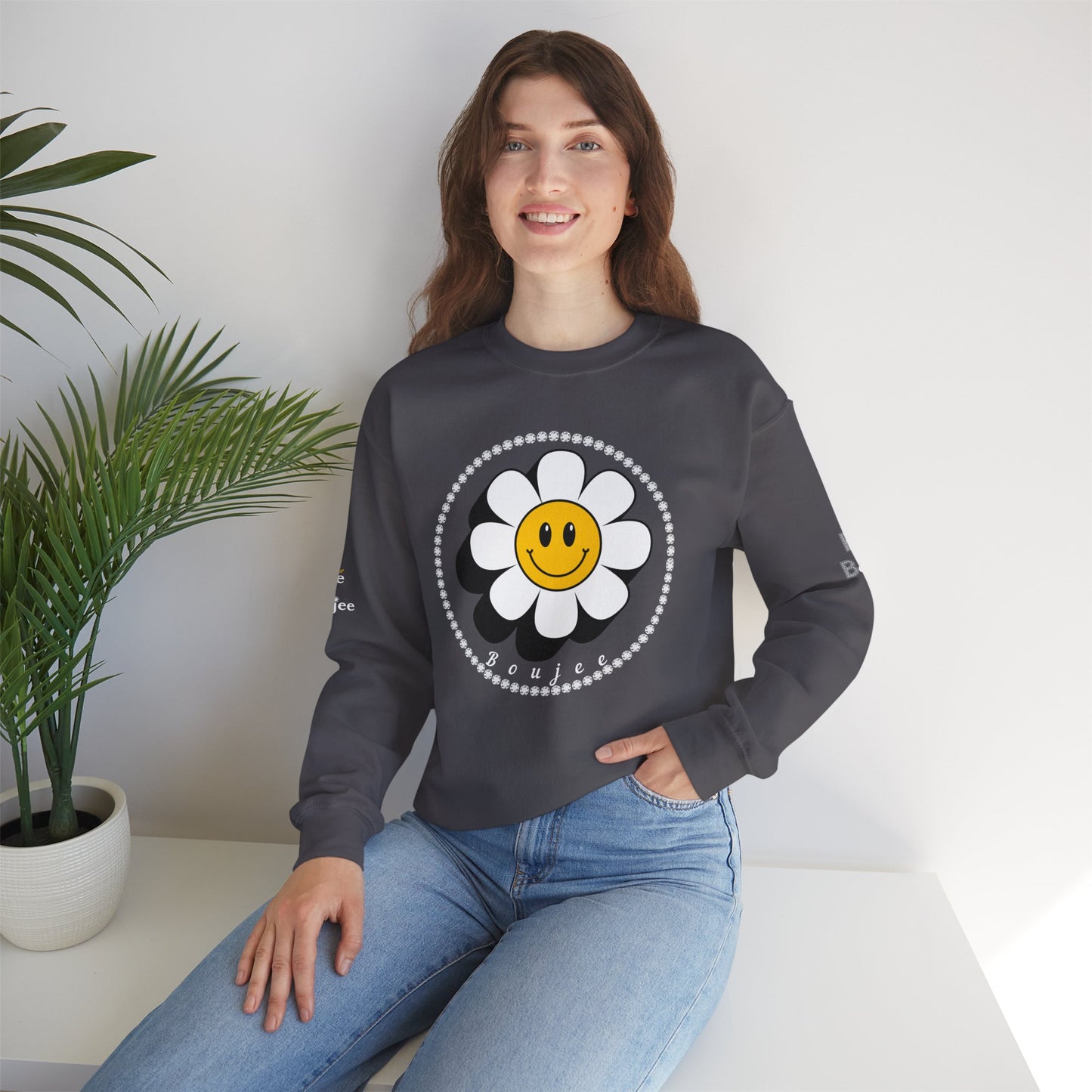 Boujee Flower Smiley Face White Gold - Heavy Blend™ Dark Colors Crewneck Sweatshirt