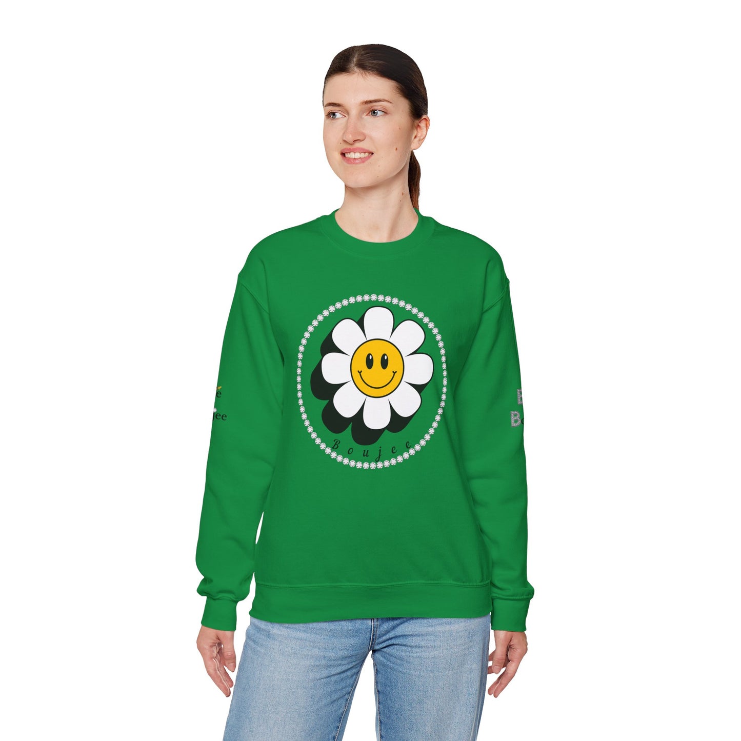 Boujee Flower Smiley Face White Gold - Heavy Blend™ Light Colors Crewneck Sweatshirt