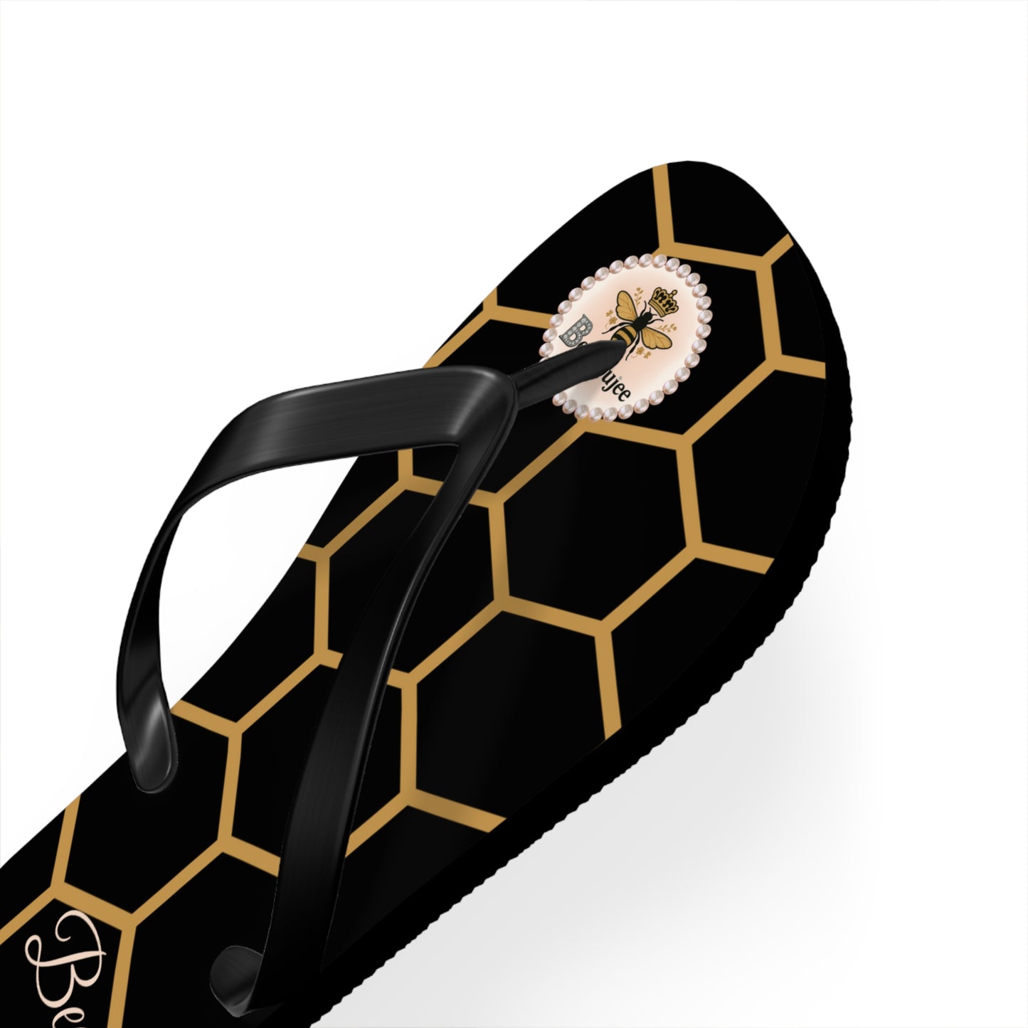 Bee Boujee Golden Honeycomb Flip-Flops (Black & Gold) - SMALL