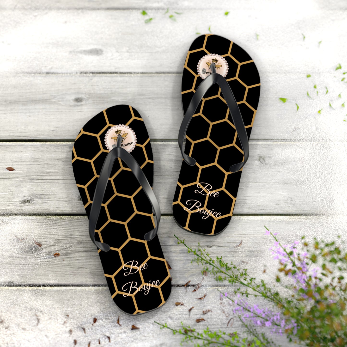 Bee Boujee Golden Honeycomb Flip-Flops (Black & Gold) - EXTRA LARGE
