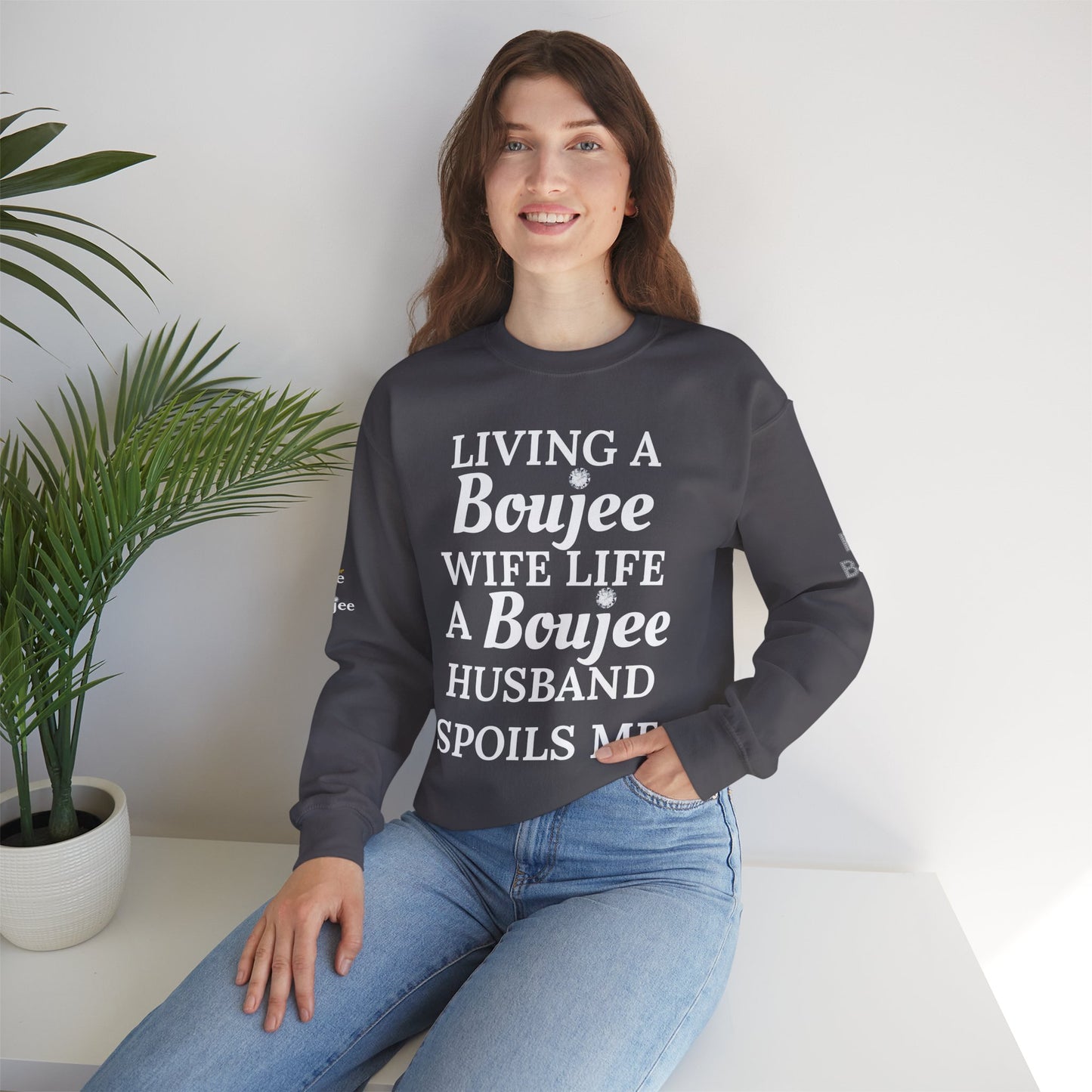 Living a Boujee Wife Life A Boujee Husband Spoils Me - Heavy Blend™ Dark Colors Crewneck Sweatshirt