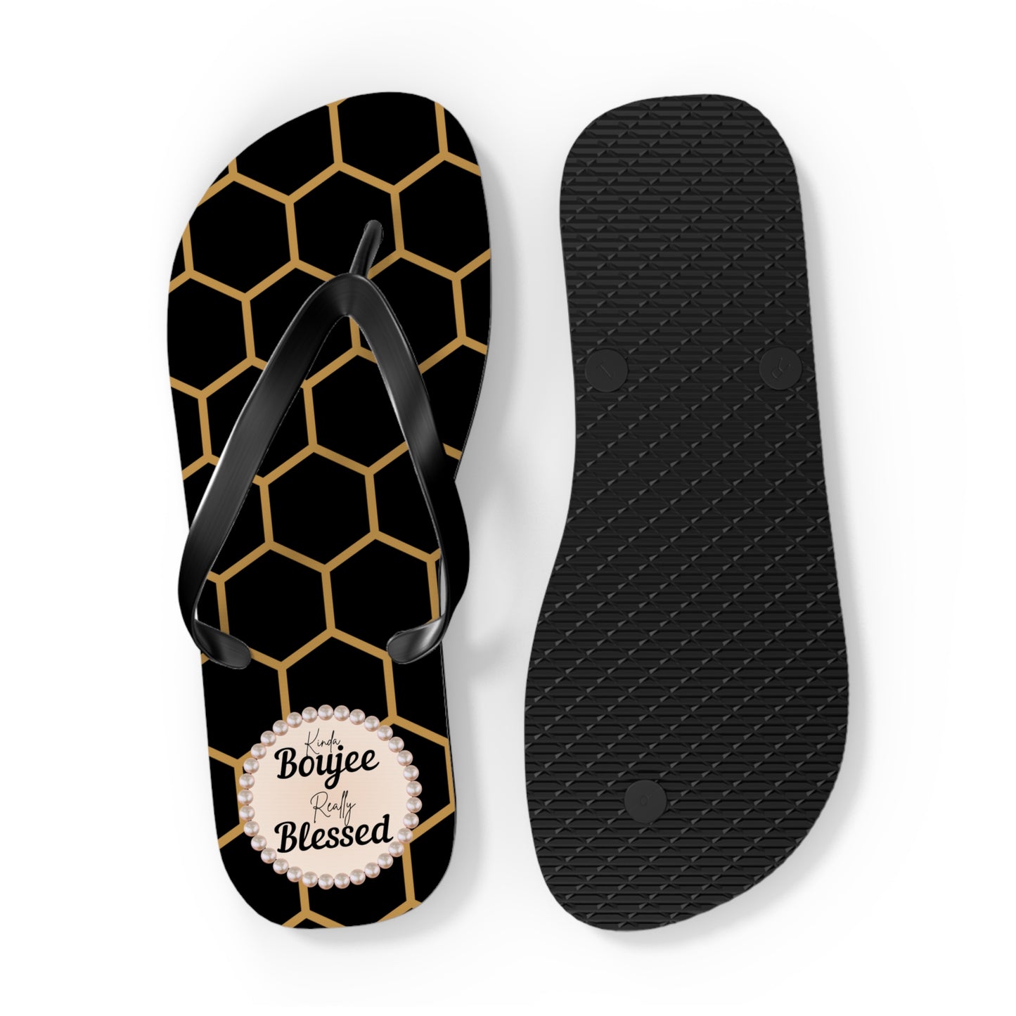 Kinda Boujee Really Blessed Flip Flops - BLACK Golden Honeycomb - EXTRA LARGE