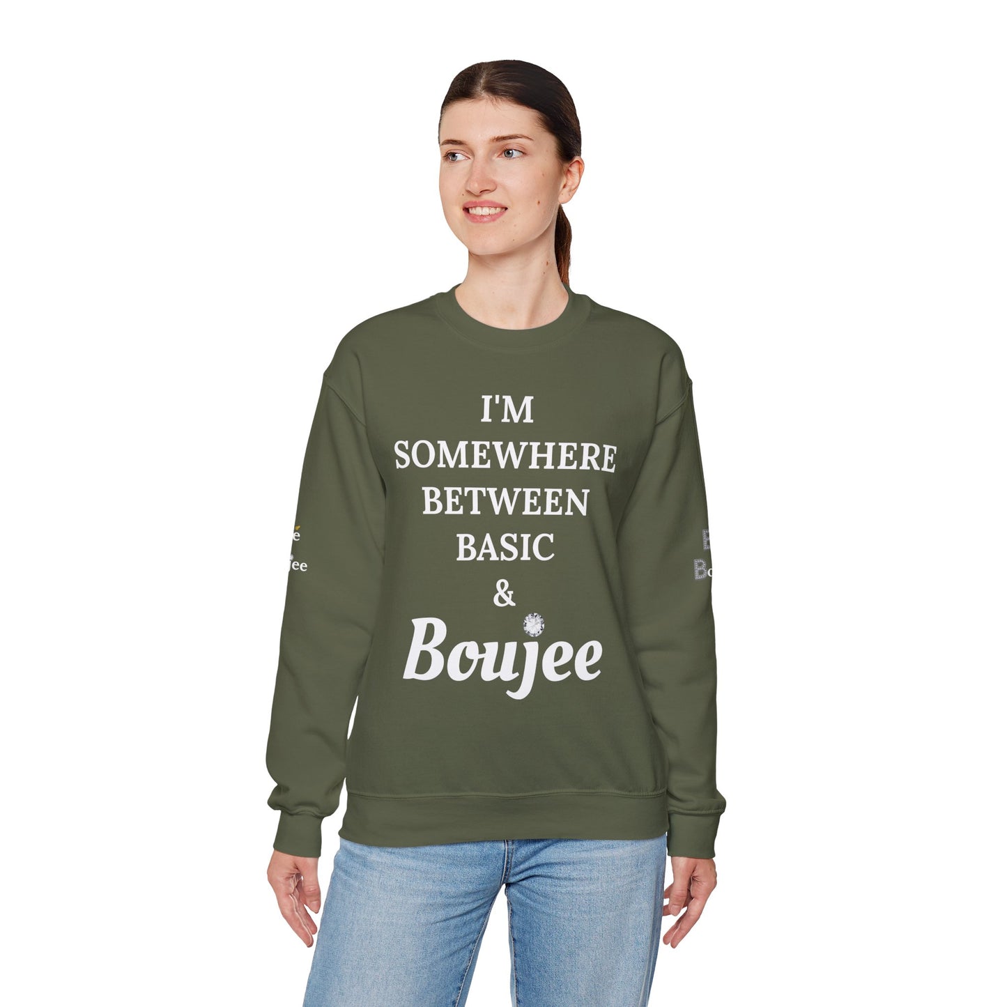 I'm Somewhere Between Basic & Boujee - Heavy Blend™ Dark Colors Crewneck Sweatshirt