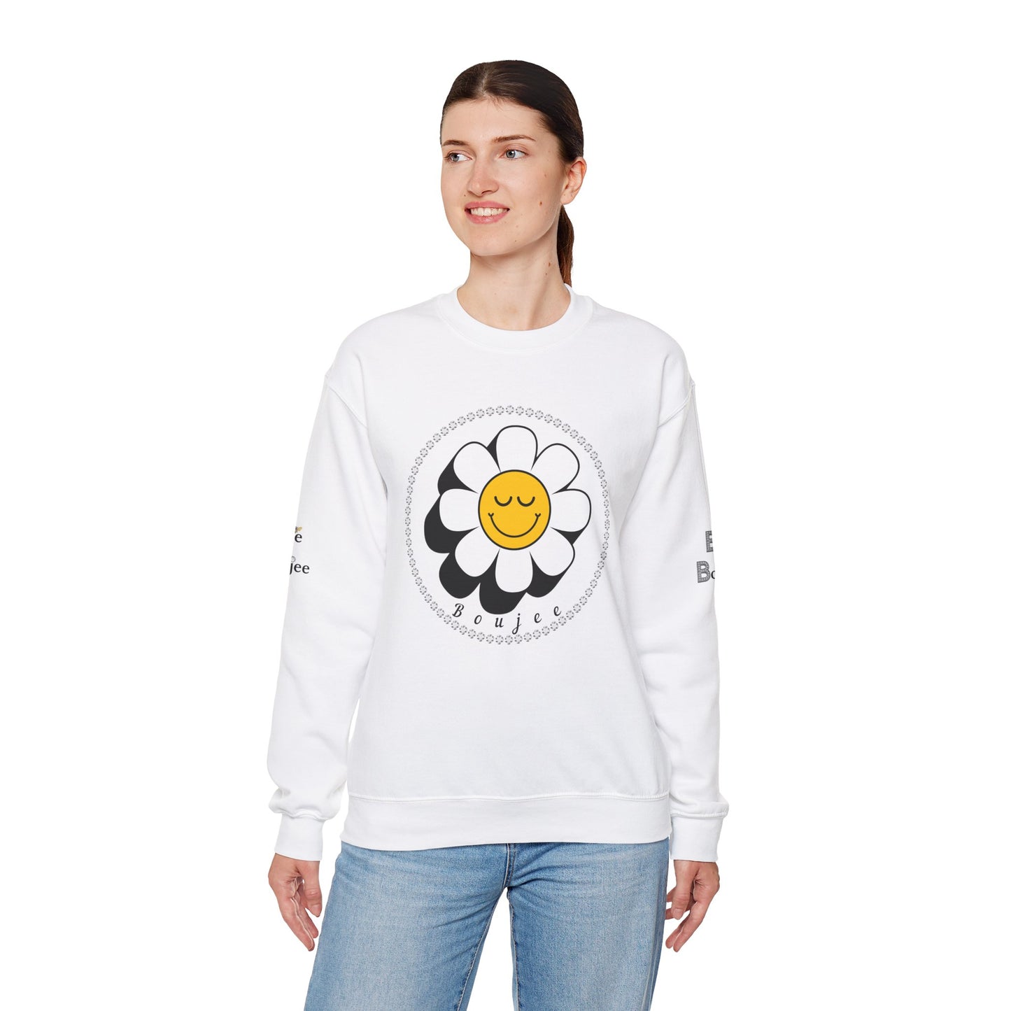Boujee Flower Smiley Face Closed Eyes White Gold - Heavy Blend™ Light Colors Crewneck Sweatshirt