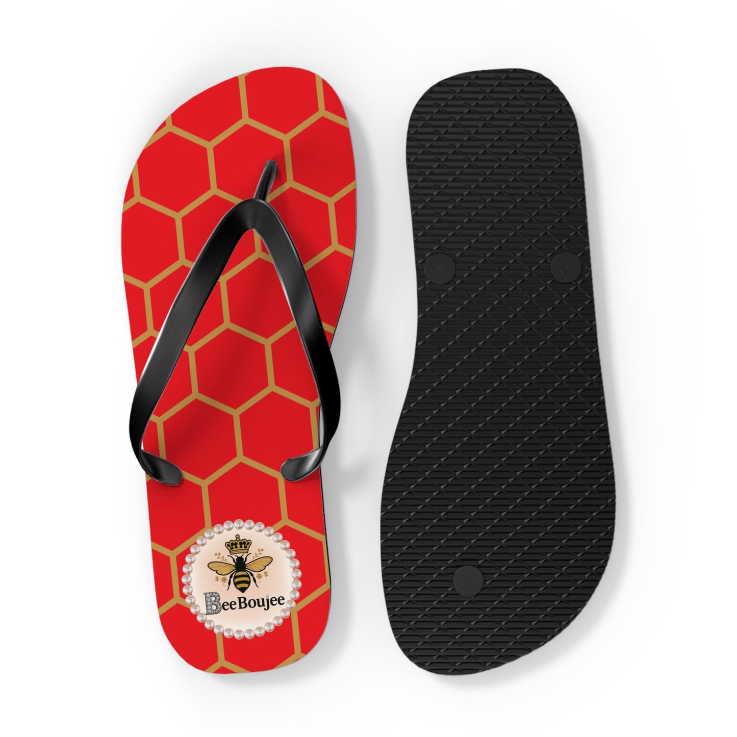 Bee Boujee Flip Flops - RED Golden Honeycomb - EXTRA LARGE