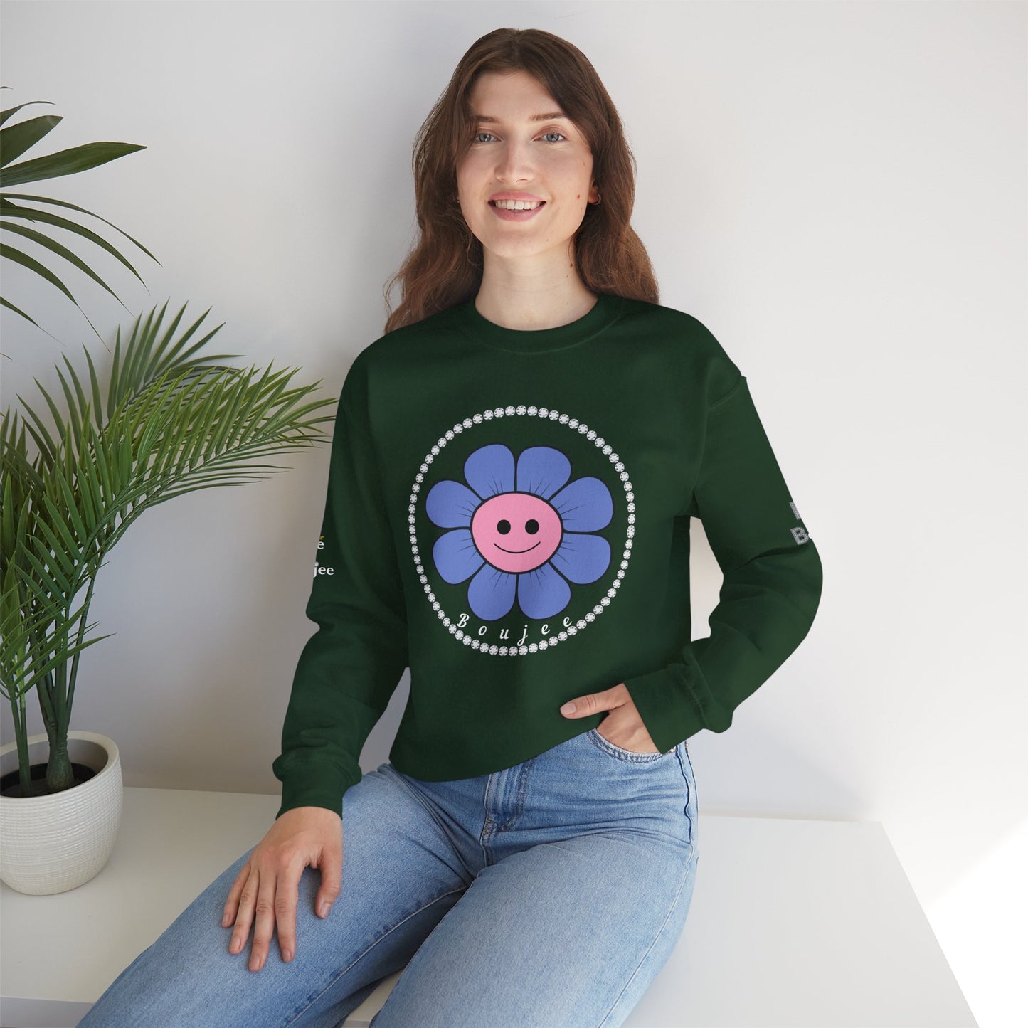 Boujee Flower Smiley Face Blue Pink - Heavy Blend™ Dark Colors Crewneck Sweatshirt