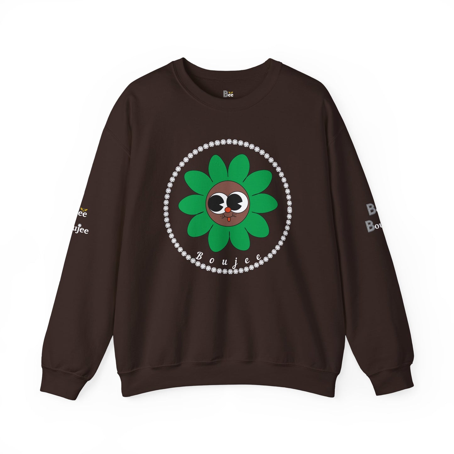 Boujee Flower Smiley Face Green Brown Wide-Eyed - Heavy Blend™ Dark Colors Crewneck Sweatshirt
