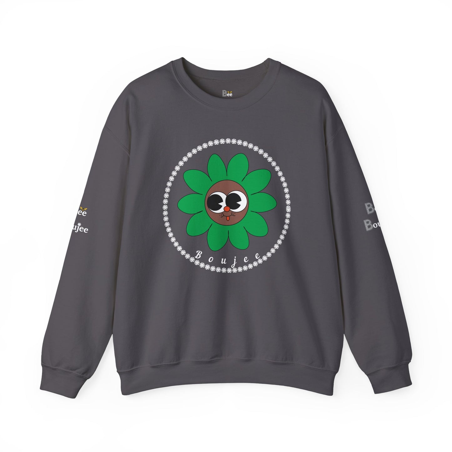Boujee Flower Smiley Face Green Brown Wide-Eyed - Heavy Blend™ Dark Colors Crewneck Sweatshirt