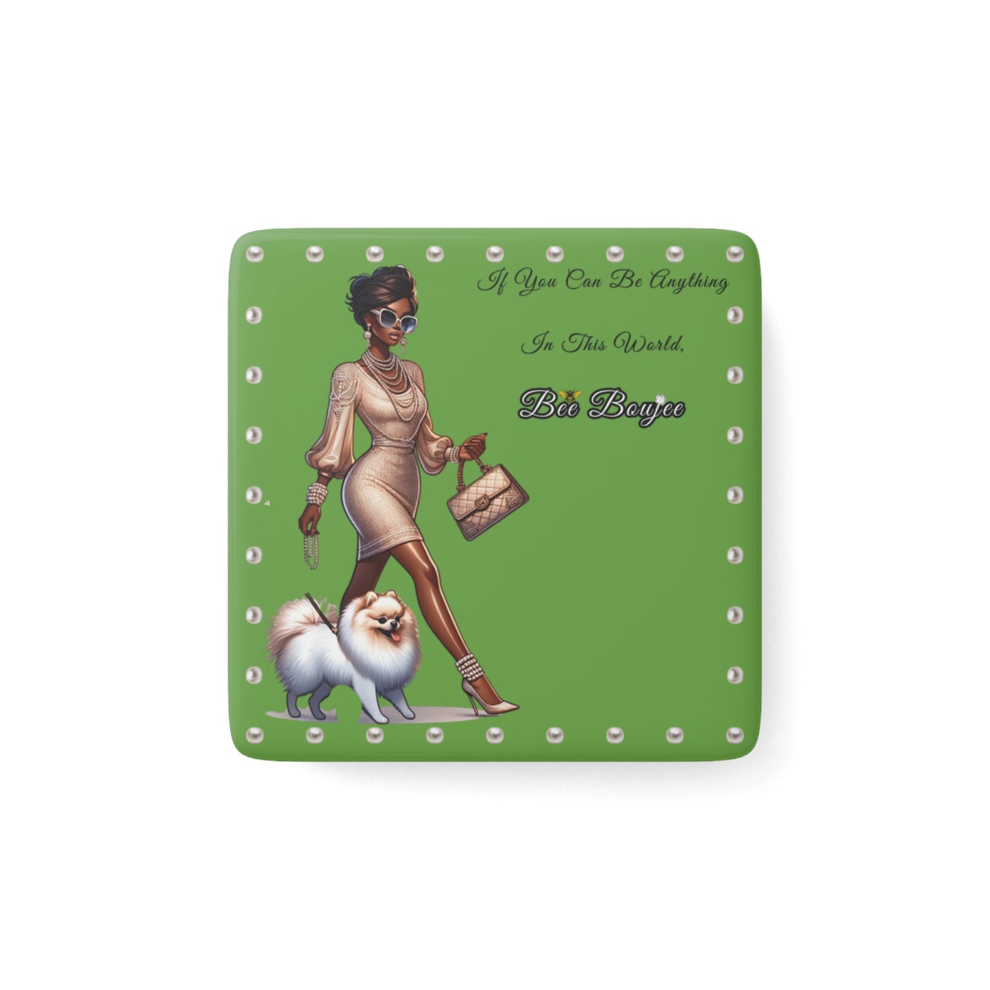 Bee Boujee in PEARLS - Porcelain Magnet 02, Square GREEN