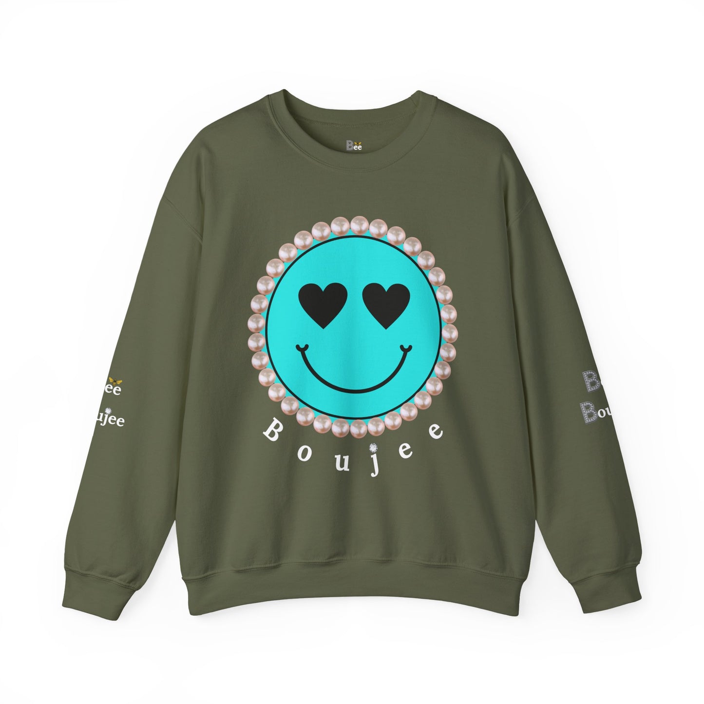 Bee Boujee - Boujee Smiley Face Turquoise in Diamonds Heavy Blend™ Dark Colors Crewneck Sweatshirt
