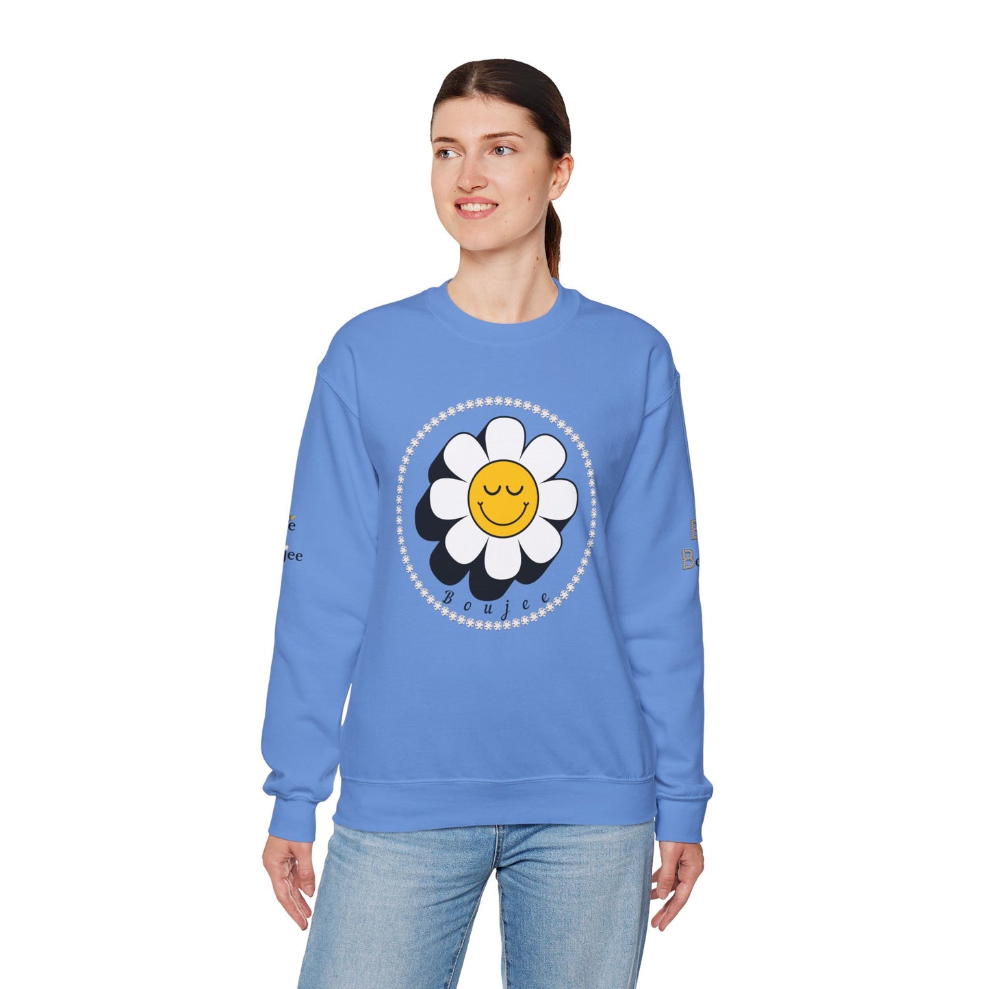 Boujee Flower Smiley Face Closed Eyes White Gold - Heavy Blend™ Light Colors Crewneck Sweatshirt