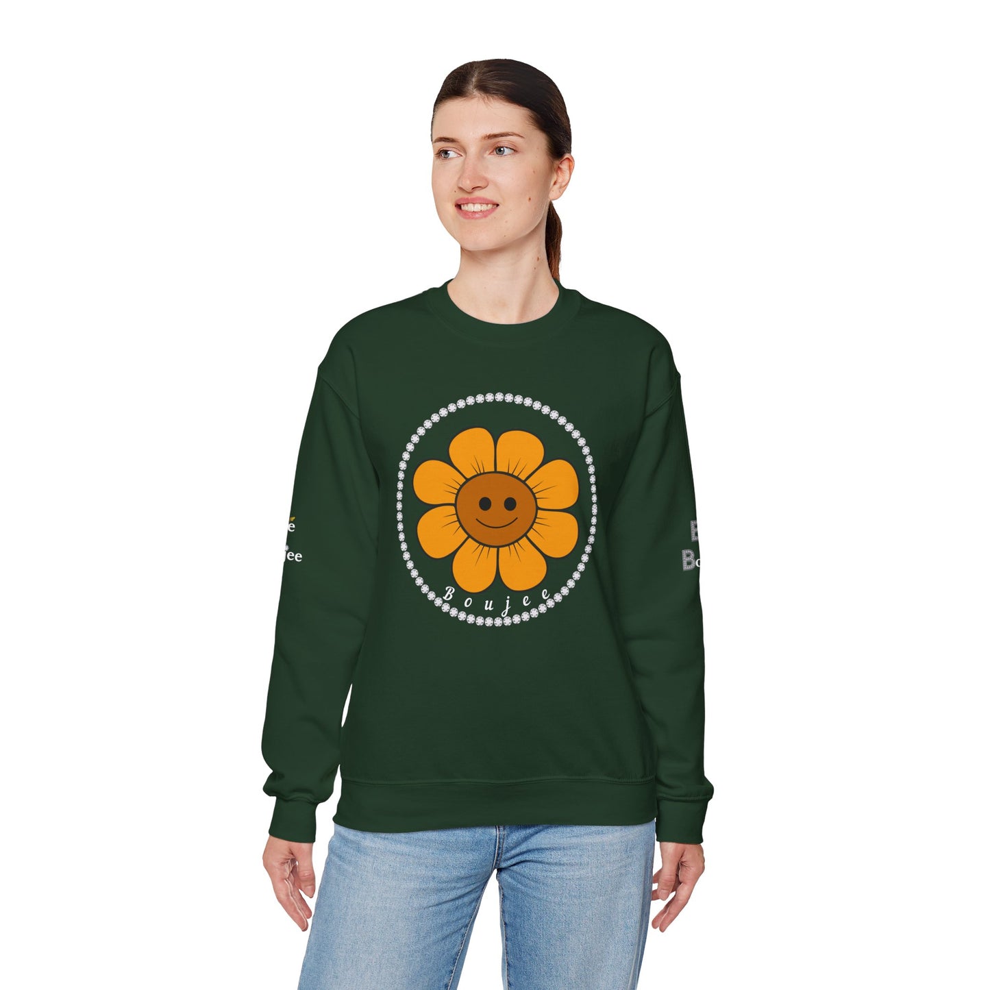 Boujee Flower Smiley Face Gold Light Brown - Heavy Blend™ Dark Colors Crewneck Sweatshirt