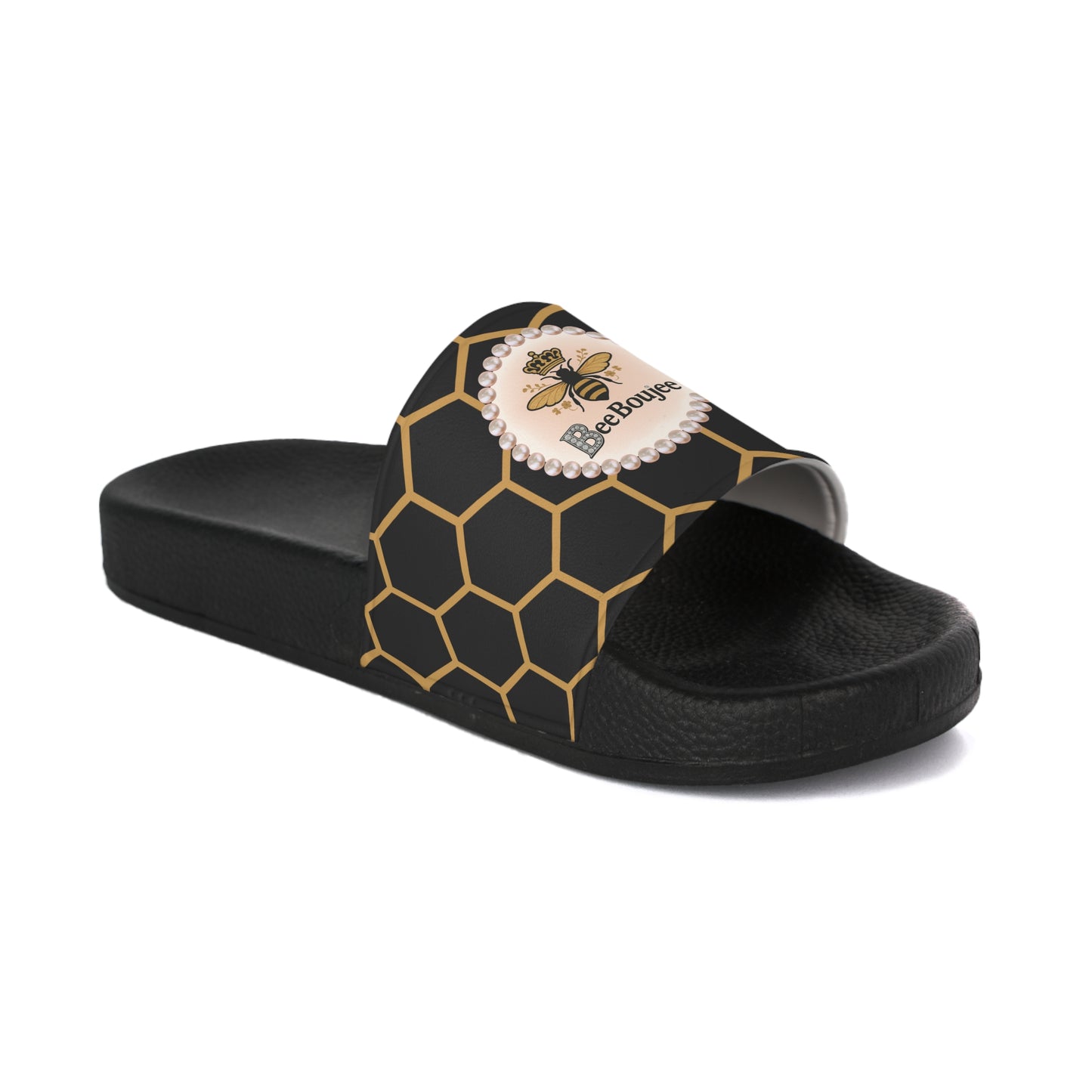 Bee Boujee Golden Honeycomb Pearl-Emblem Women’s Slides Sandals, Summer Footwear, Cute Beach Slippers, Casual Slip-Ons