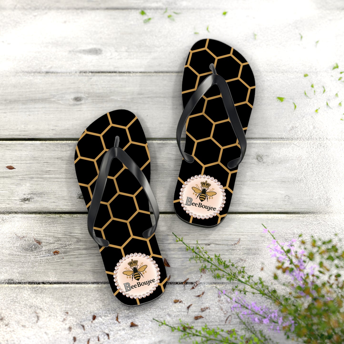 Bee Boujee Flip Flops - BLACK Golden Honeycomb - LARGE