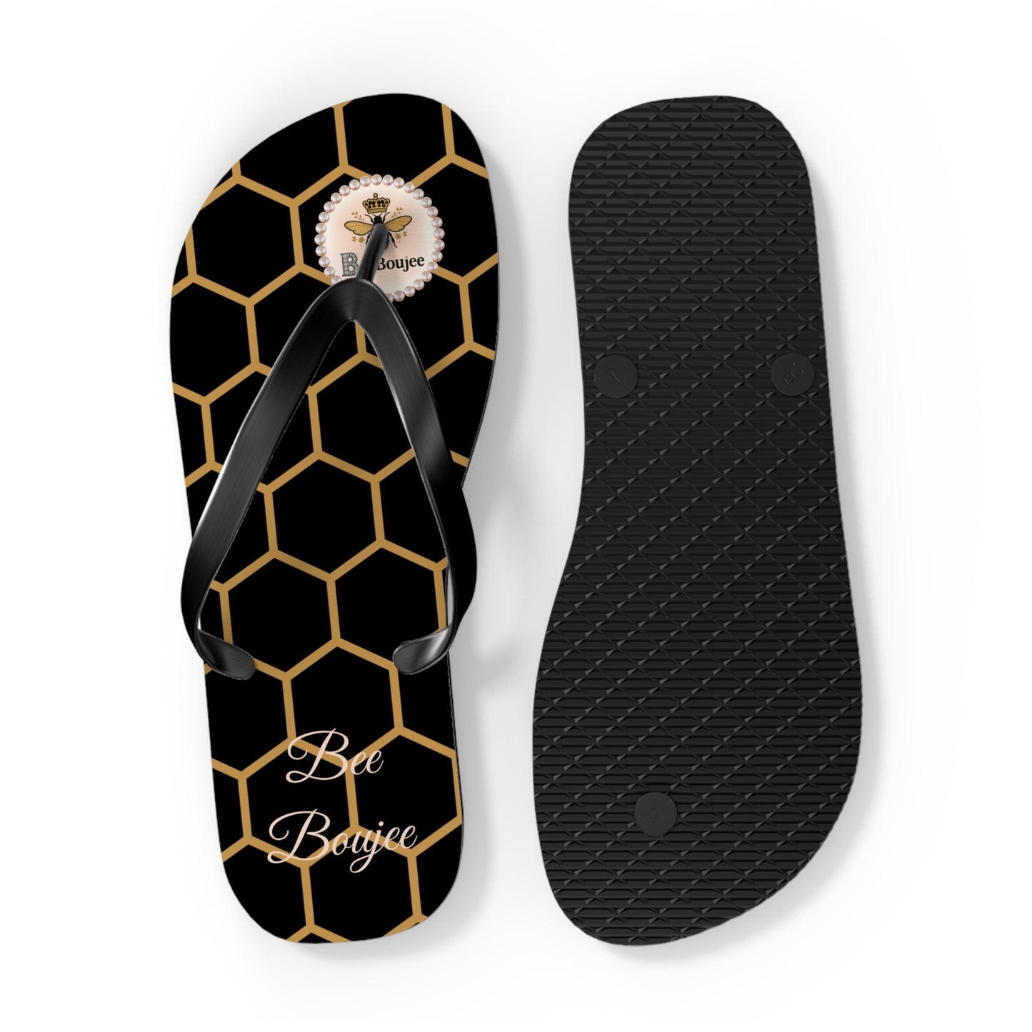 Bee Boujee Golden Honeycomb Flip-Flops (Black & Gold) - EXTRA LARGE