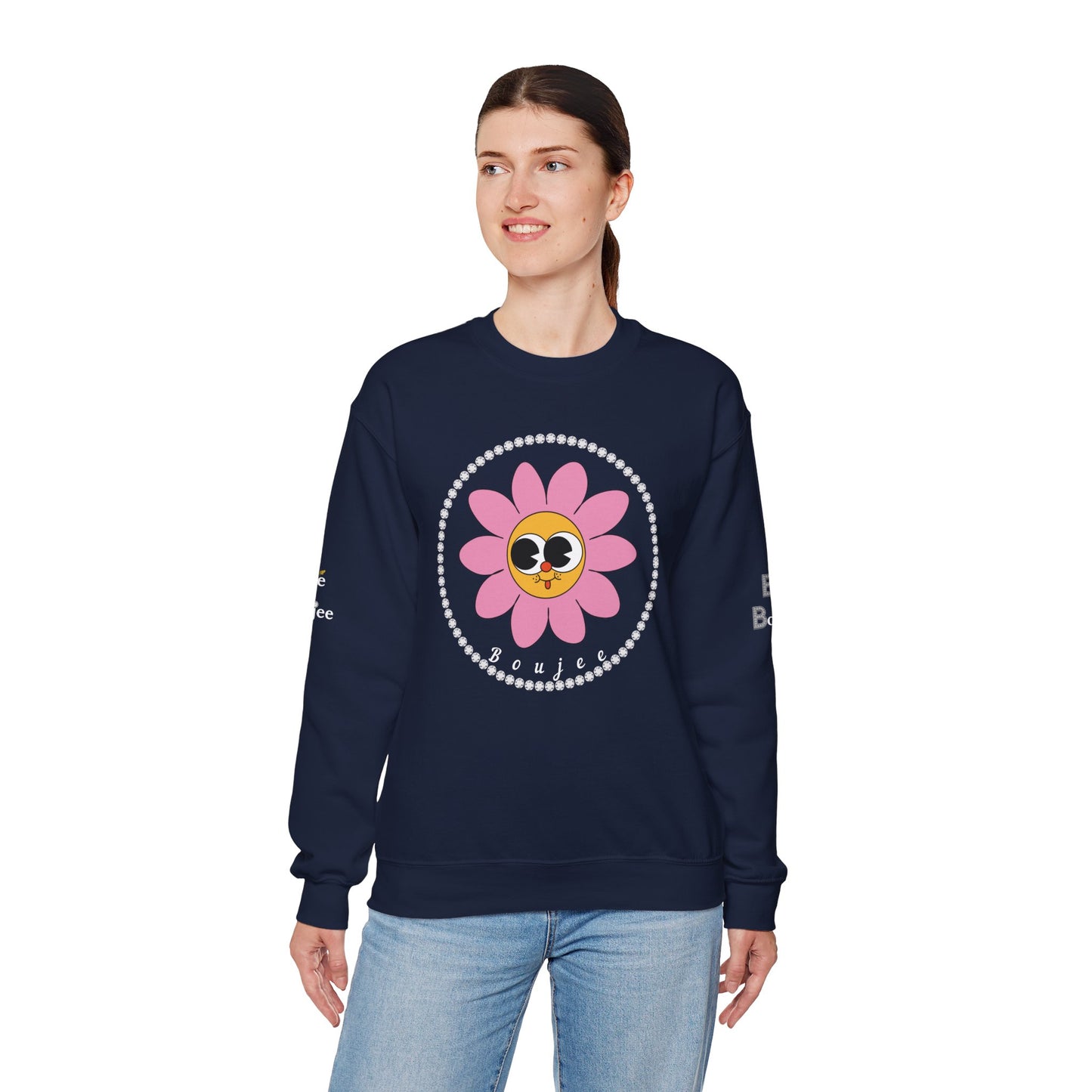 Boujee Flower Smiley Face Pink Gold Wide-Eyed - Heavy Blend™ Dark Colors Crewneck Sweatshirt