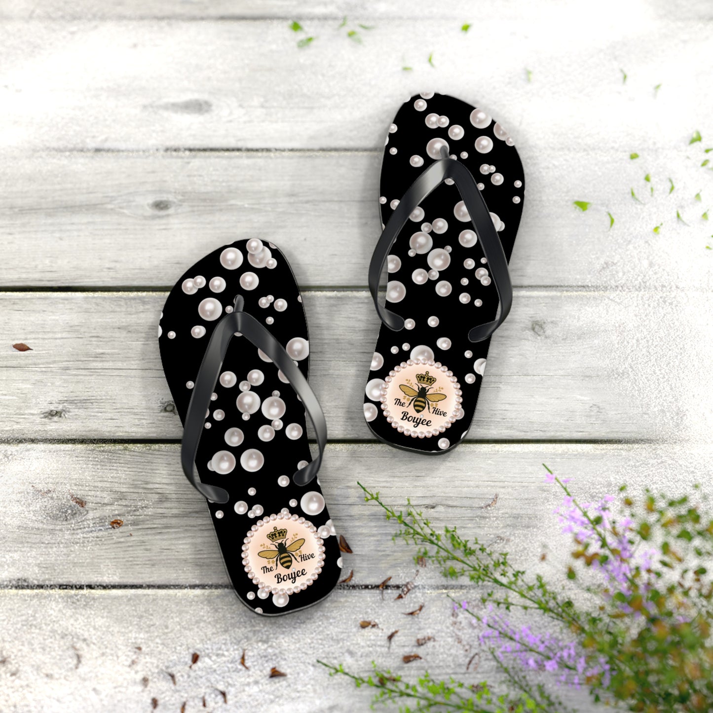 The Boujee Hive Flip Flops - BLACK in Sea of Pearls - MEDIUM