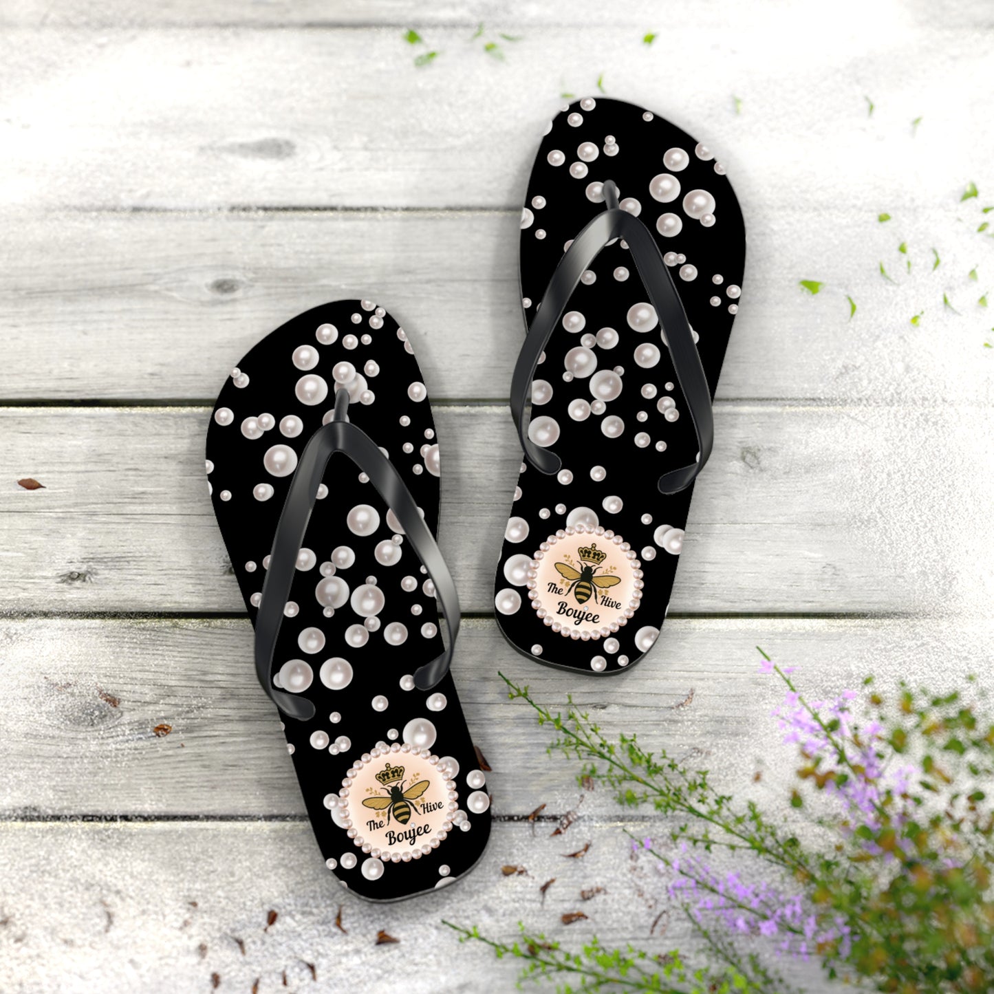 The Boujee Hive Flip Flops - BLACK in Sea of Pearls - EXTRA LARGE