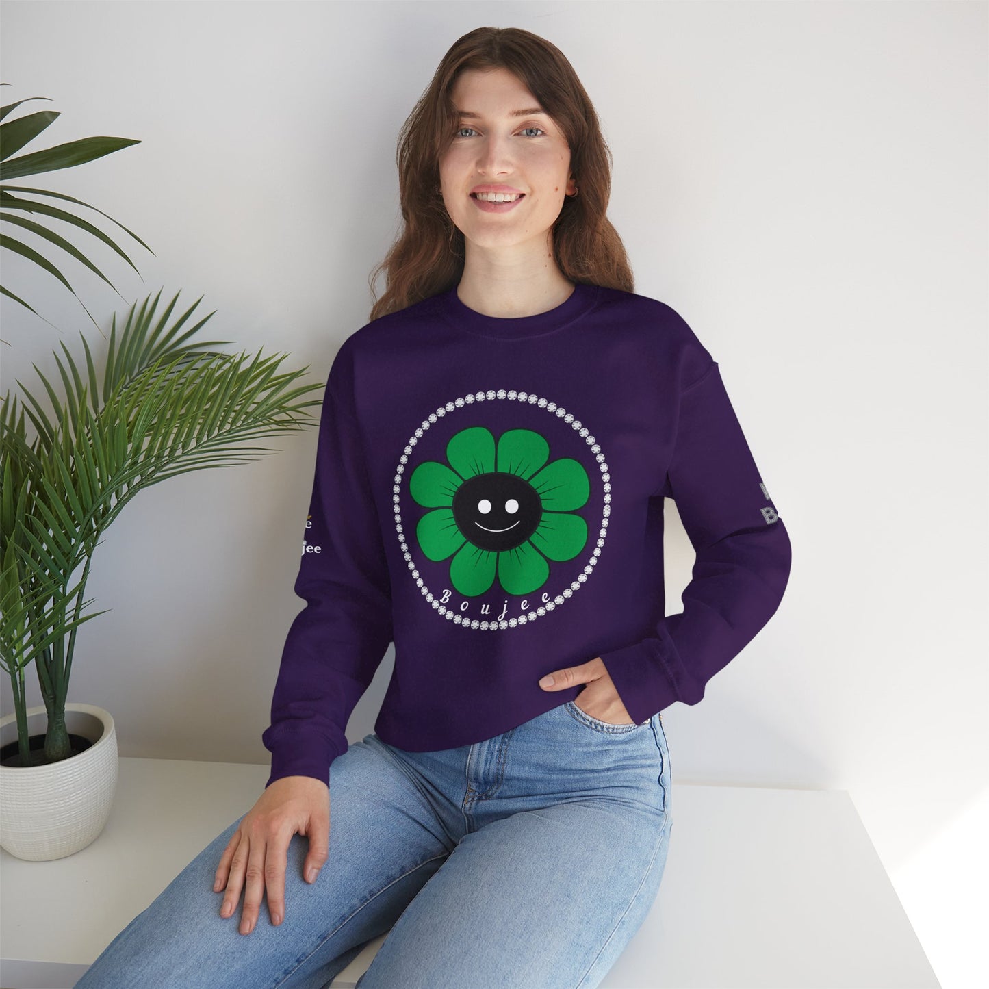 Boujee Flower Smiley Face Green Black - Heavy Blend™ Dark Colors Crewneck Sweatshirt