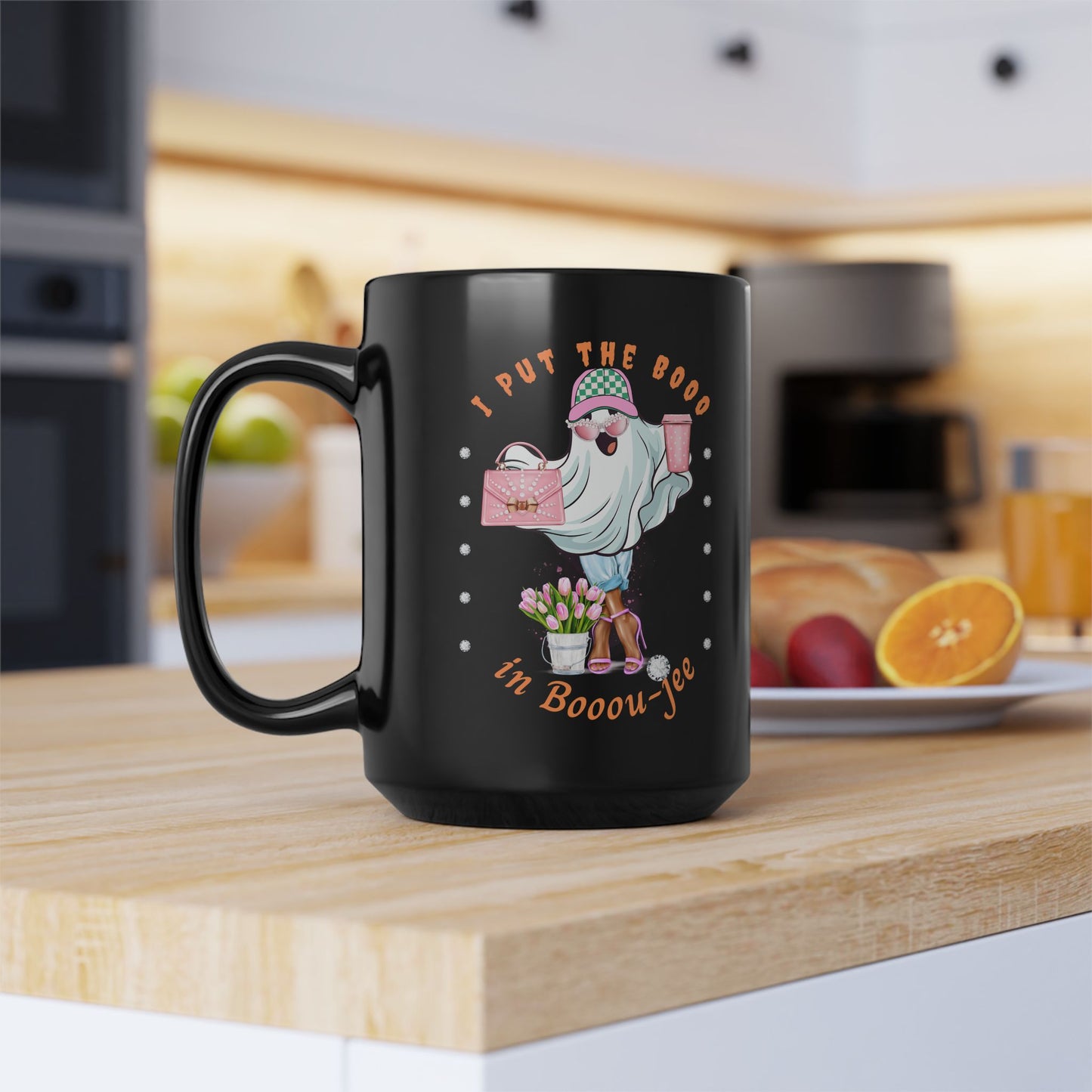 Halloween Booo in Booujee BLACK Mug 15oz BROWN SKIN TONE