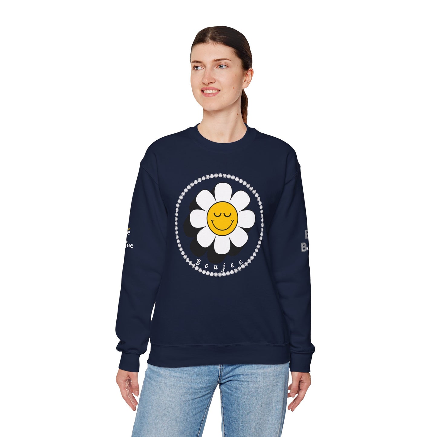 Boujee Flower Smiley Face Closed Eyes - Heavy Blend™ Dark Colors Crewneck Sweatshirt