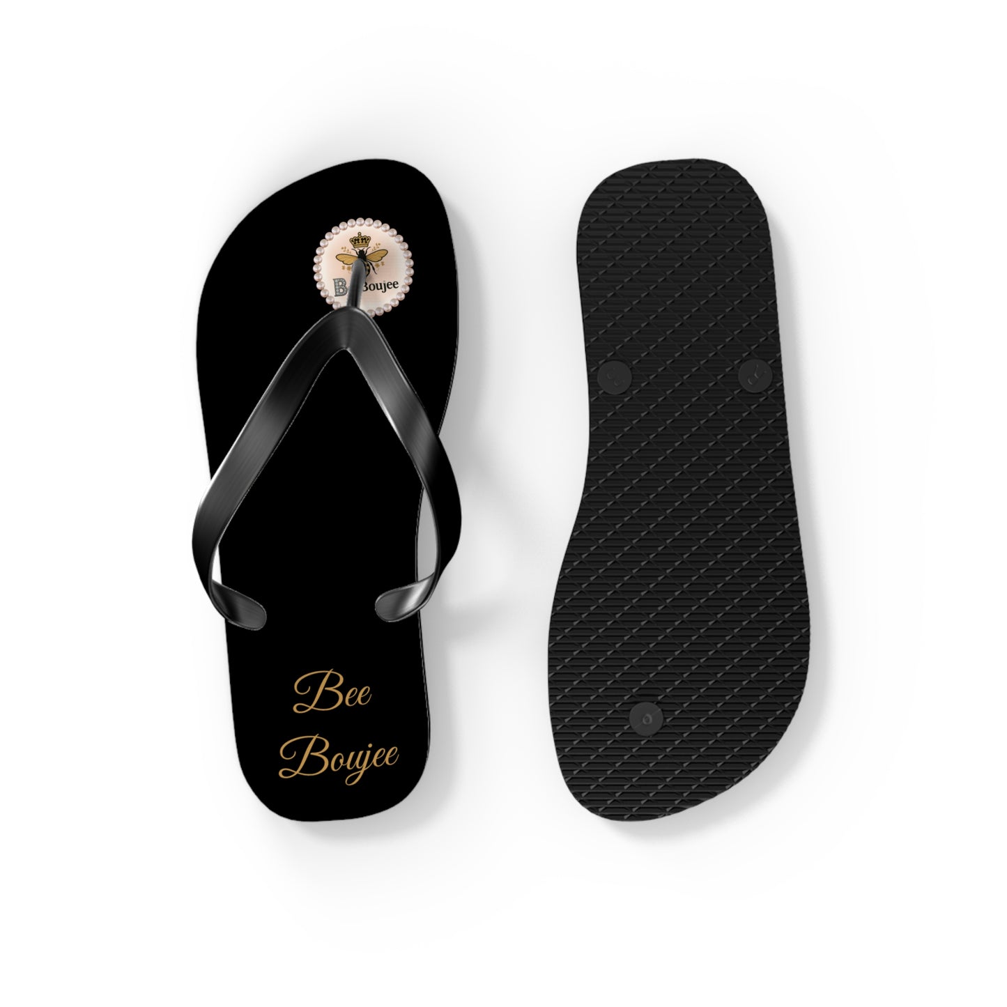 Bee Boujee Crowned-Bee Flip-Flops (Black & Gold) - SMALL