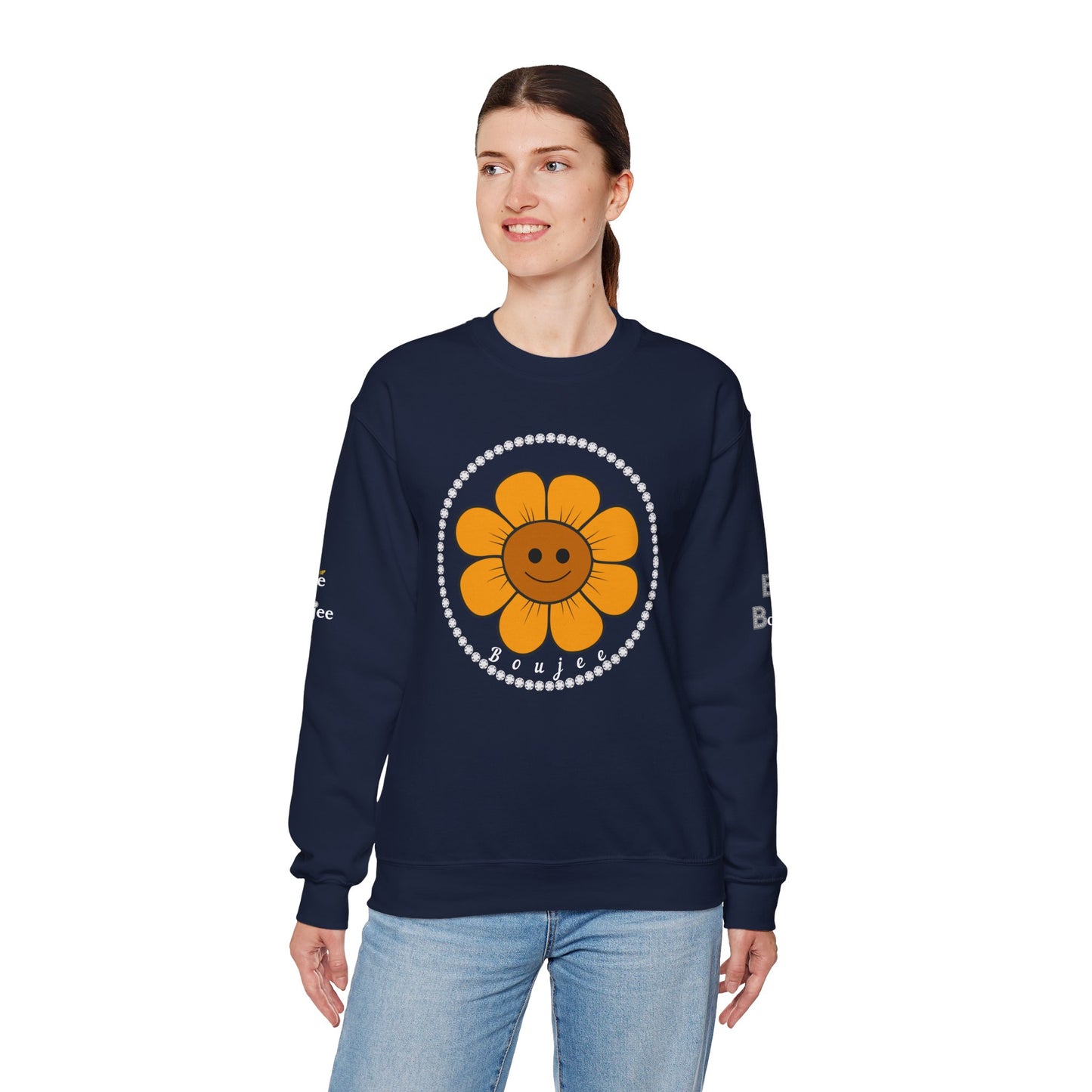 Boujee Flower Smiley Face Gold Light Brown - Heavy Blend™ Dark Colors Crewneck Sweatshirt