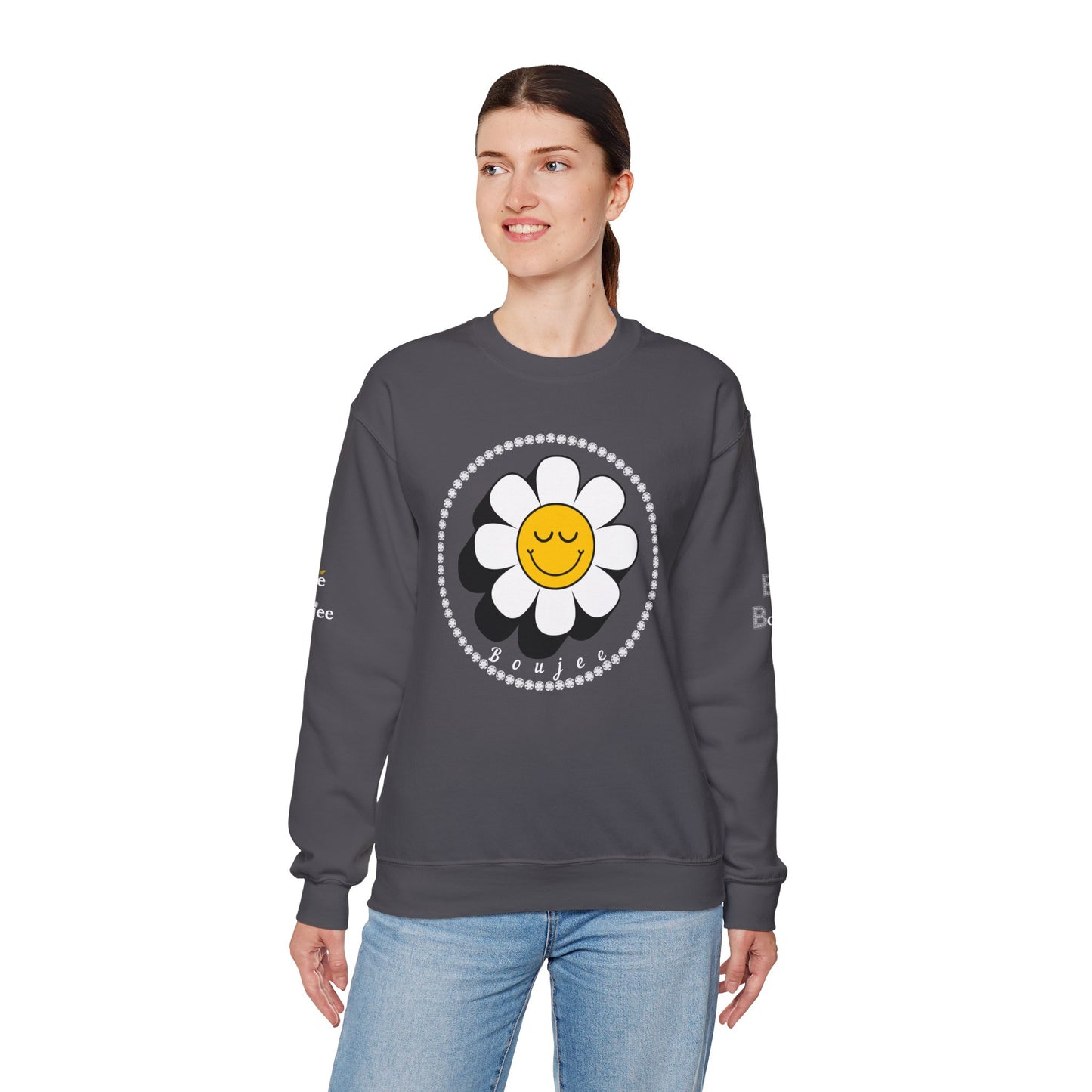 Boujee Flower Smiley Face Closed Eyes - Heavy Blend™ Dark Colors Crewneck Sweatshirt