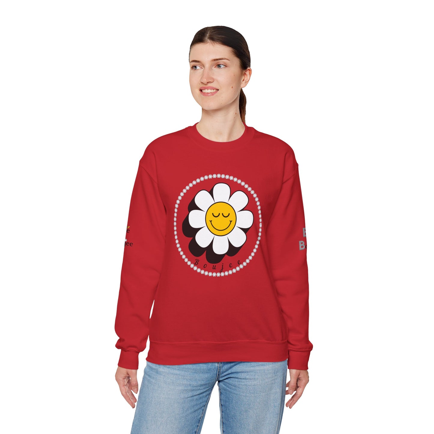 Boujee Flower Smiley Face Closed Eyes White Gold - Heavy Blend™ Light Colors Crewneck Sweatshirt