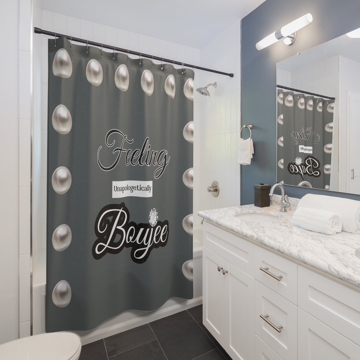 Feeling Boujee - Shower Curtain GREY with PEARLS