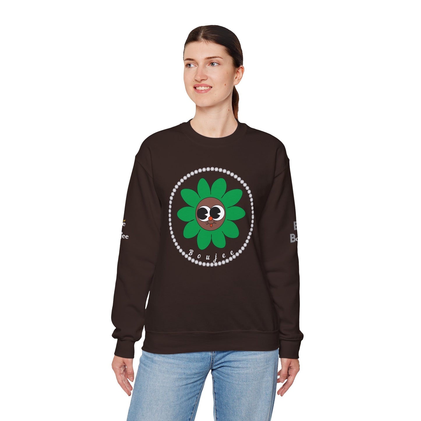 Boujee Flower Smiley Face Green Brown Wide-Eyed - Heavy Blend™ Dark Colors Crewneck Sweatshirt