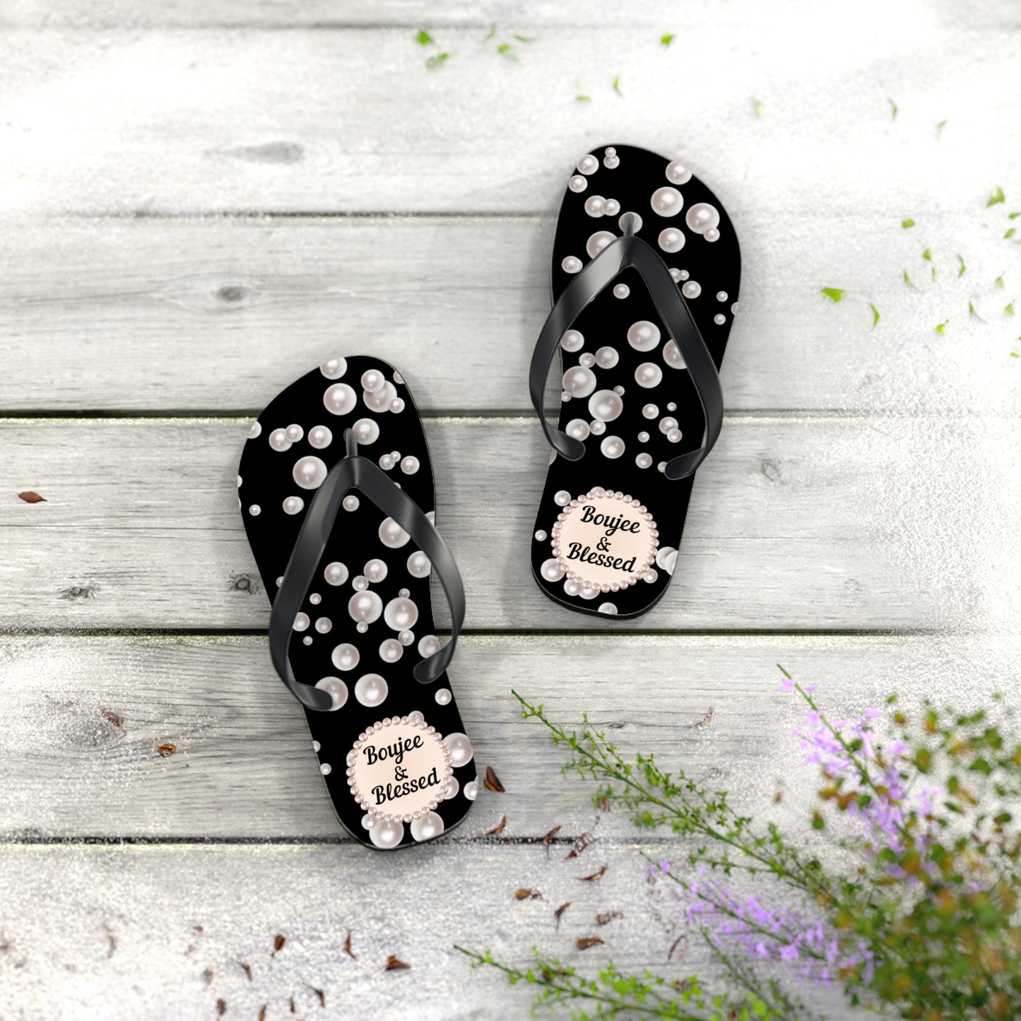 Boujee & Blessed BLACK (Sea of Pearls) Flip-Flops - SMALL