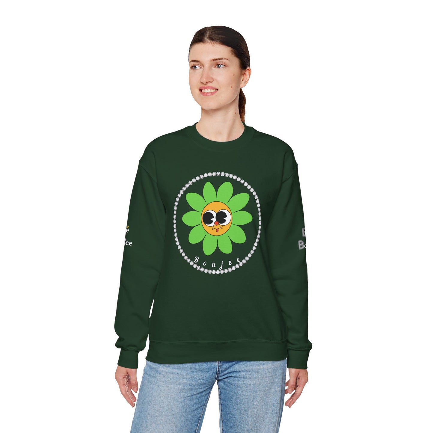 Boujee Flower Smiley Face Green Gold Wide-Eyed - Heavy Blend™ Dark Colors Crewneck Sweatshirt