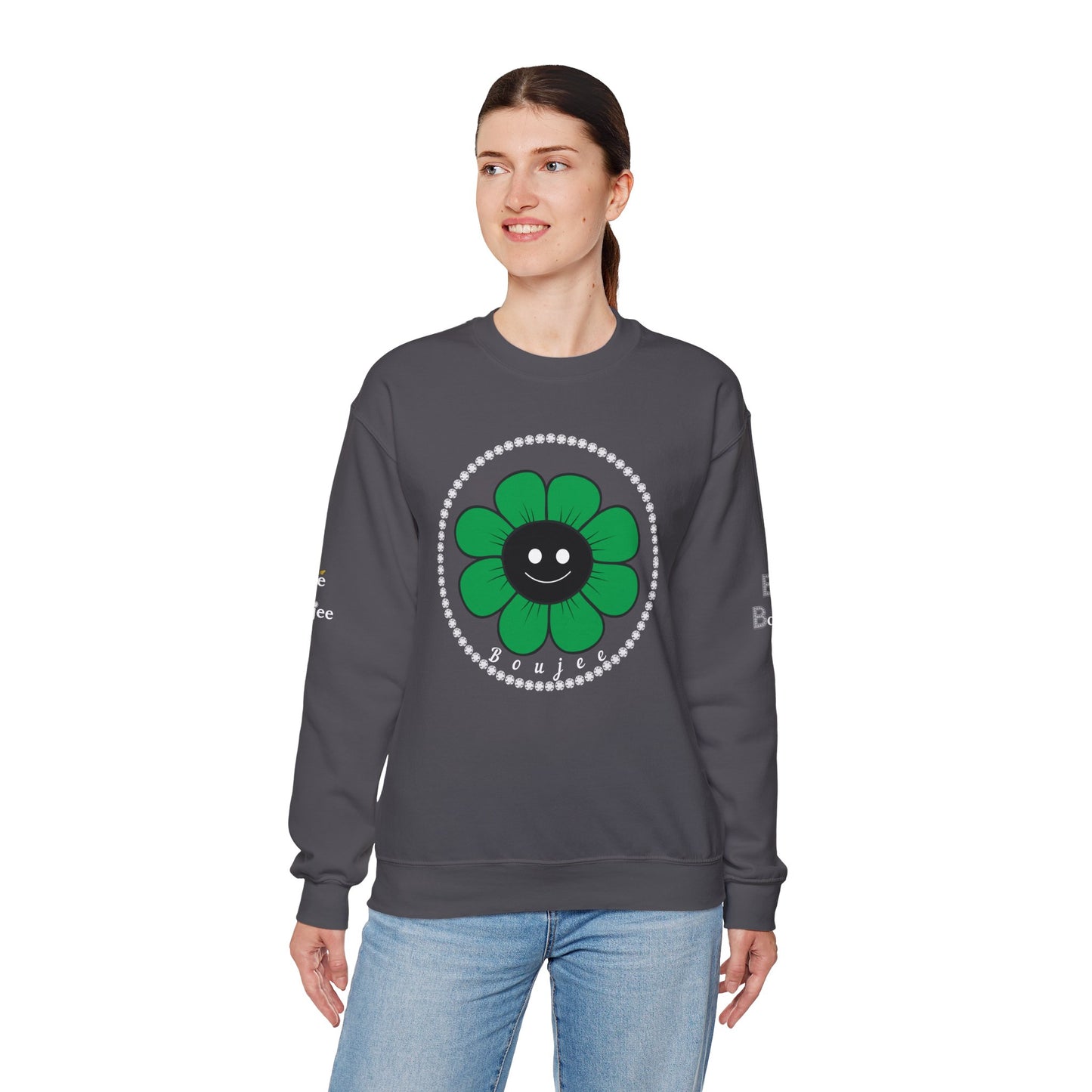 Boujee Flower Smiley Face Green Black - Heavy Blend™ Dark Colors Crewneck Sweatshirt