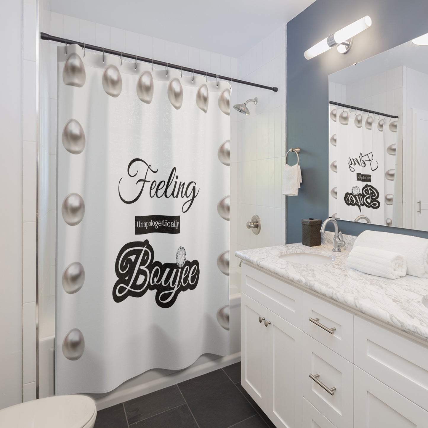 Feeling Boujee - Shower Curtain WHITE with PEARLS