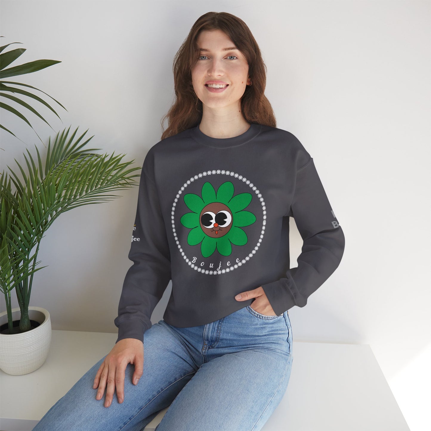 Boujee Flower Smiley Face Green Brown Wide-Eyed - Heavy Blend™ Dark Colors Crewneck Sweatshirt