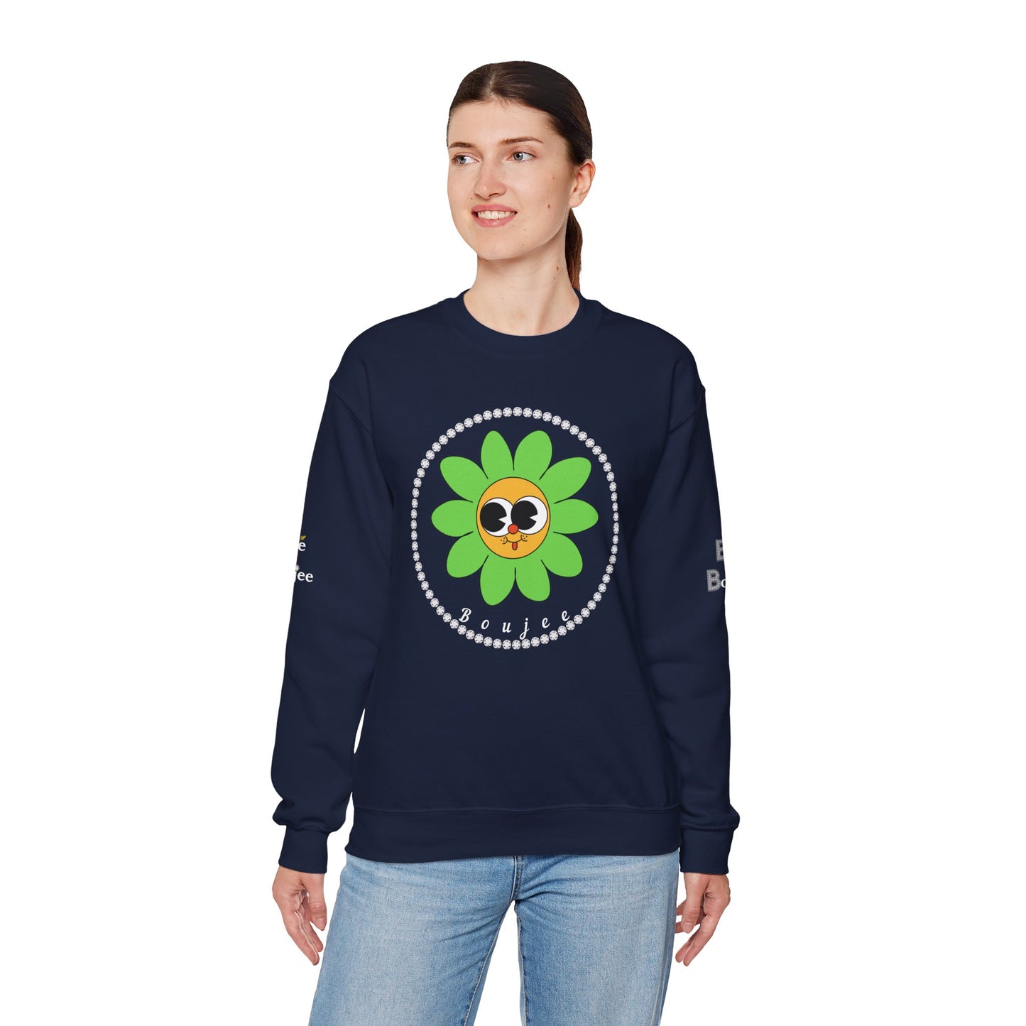 Boujee Flower Smiley Face Green Gold Wide-Eyed - Heavy Blend™ Dark Colors Crewneck Sweatshirt