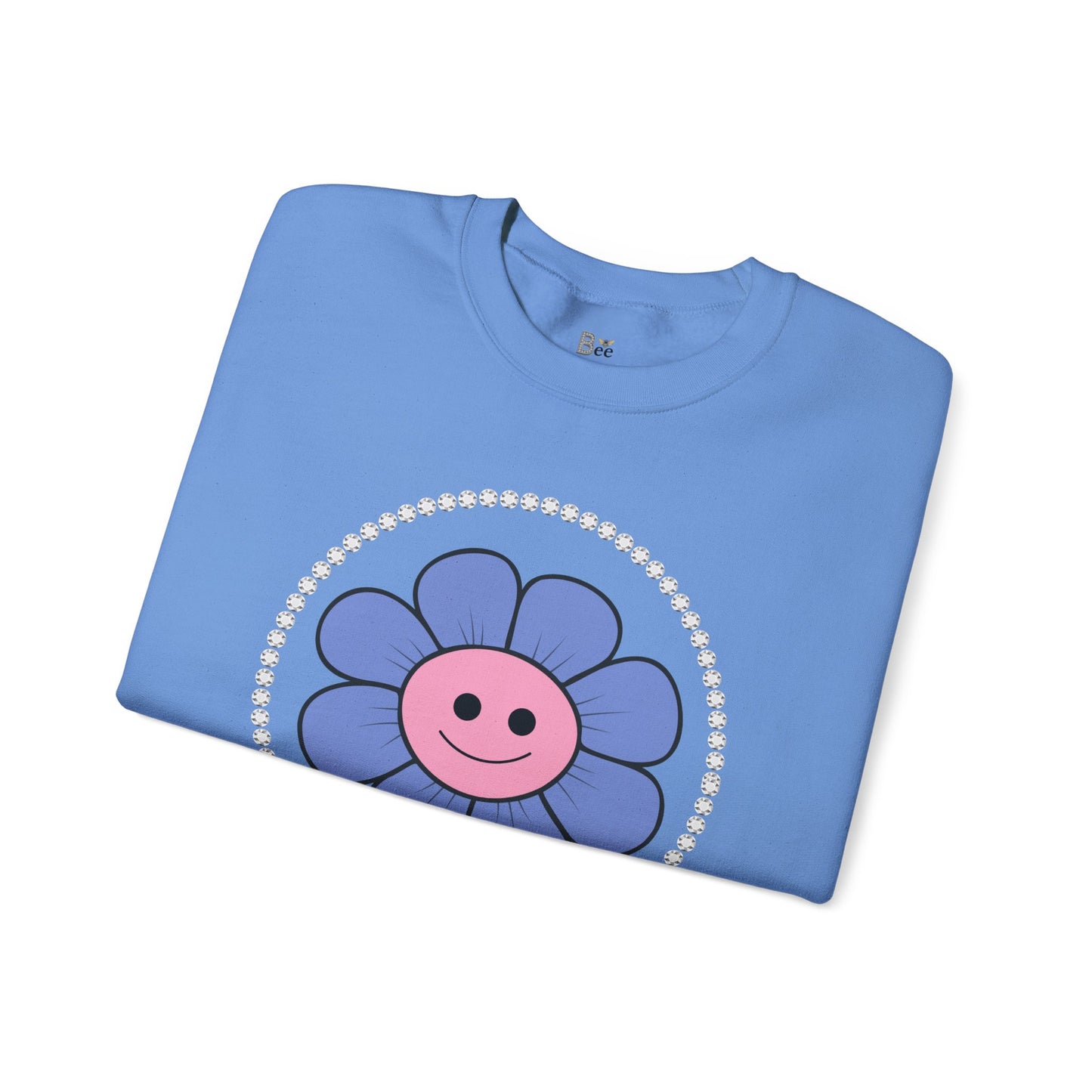 Boujee Flower Smiley Face Blue Pink - Heavy Blend™ Light Colors Crewneck Sweatshirt