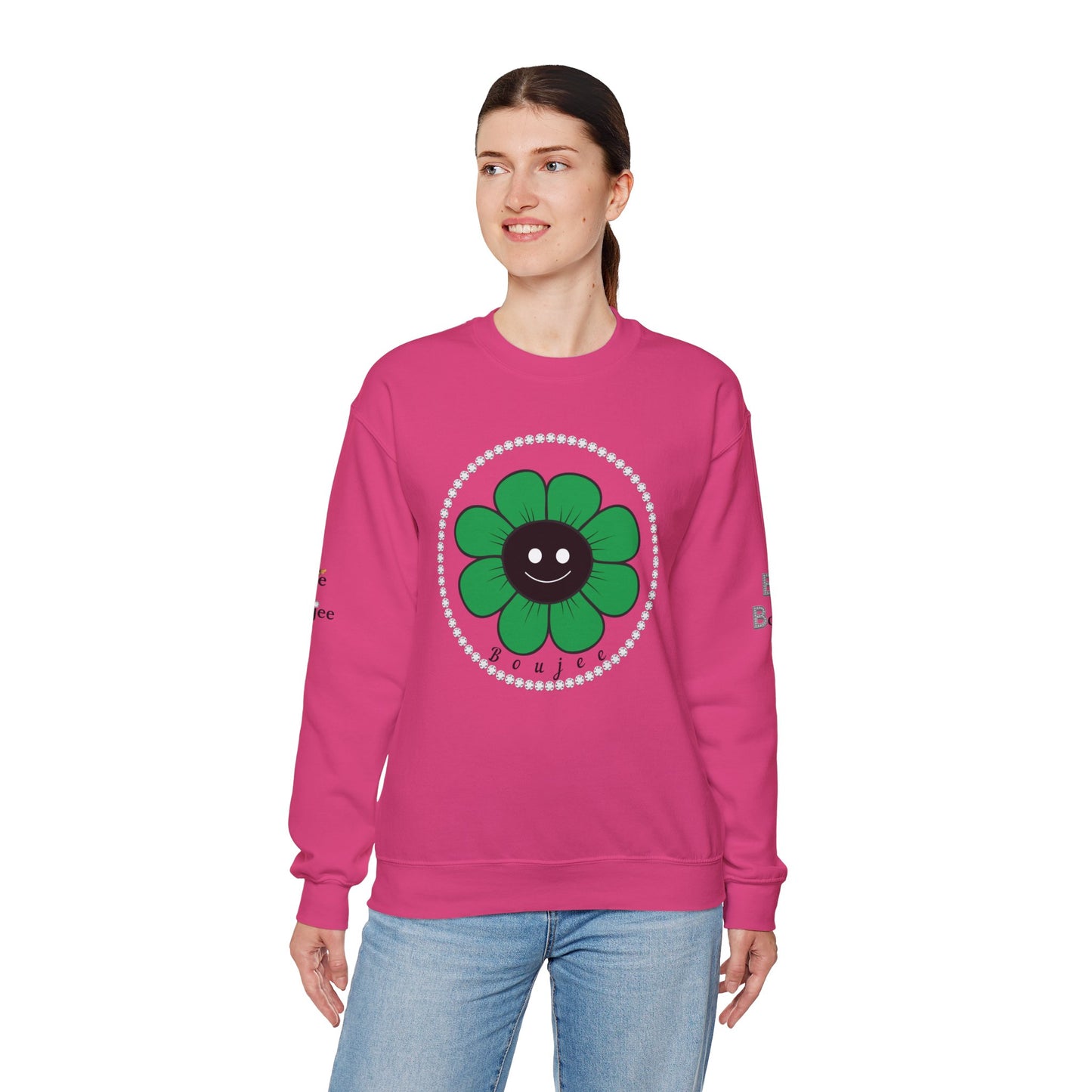 Boujee Flower Smiley Face Green Black - Heavy Blend™ Light Colors Crewneck Sweatshirt
