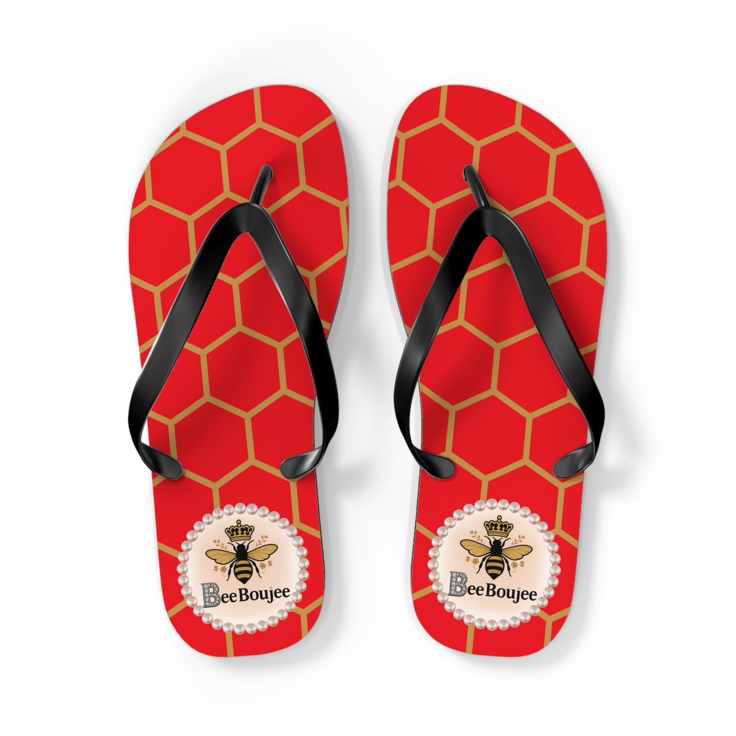 Bee Boujee Flip Flops - RED Golden Honeycomb - LARGE