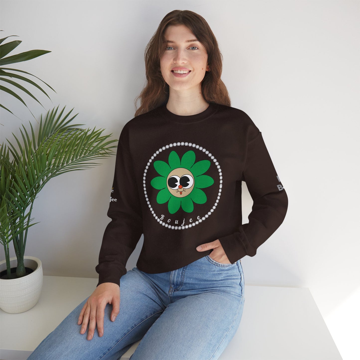 Boujee Flower Smiley Face Green Tan Wide-Eyed - Heavy Blend™ Dark Colors Crewneck Sweatshirt