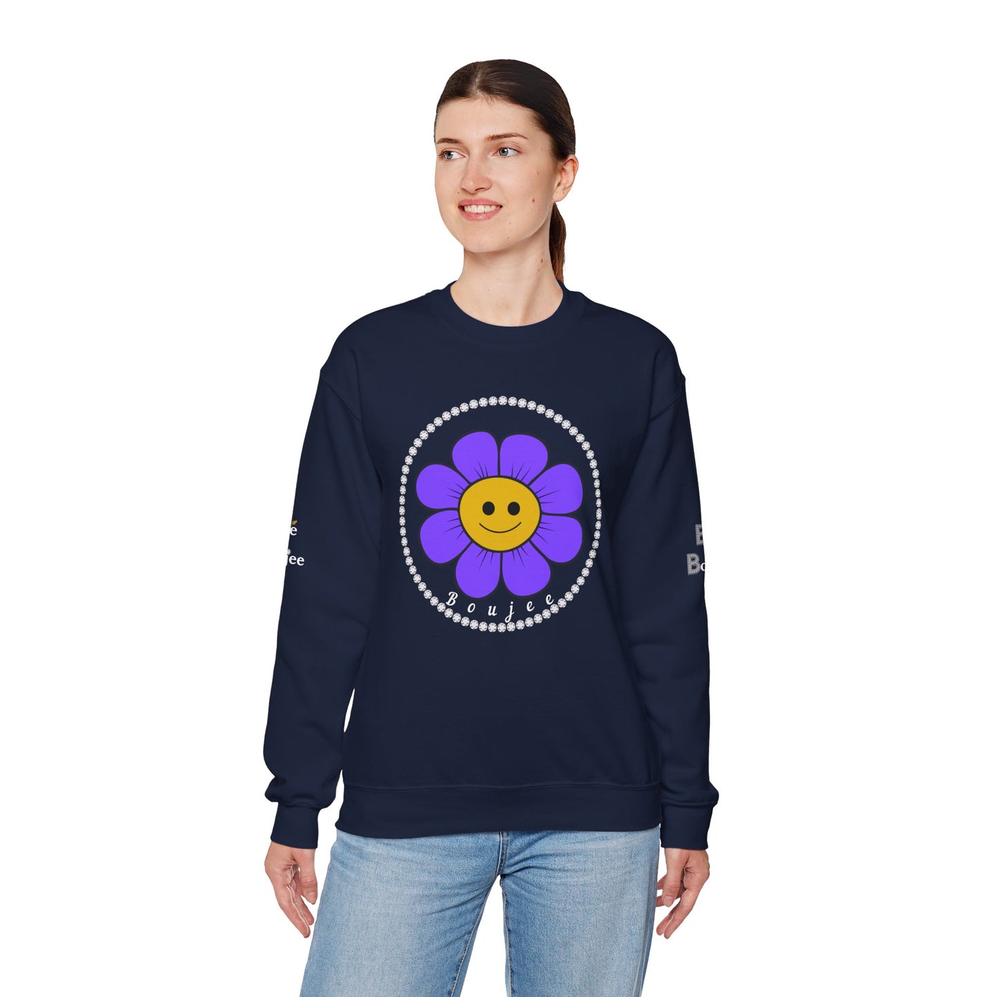 Boujee Flower Smiley Face Purple Gold - Heavy Blend™ Dark Colors Crewneck Sweatshirt