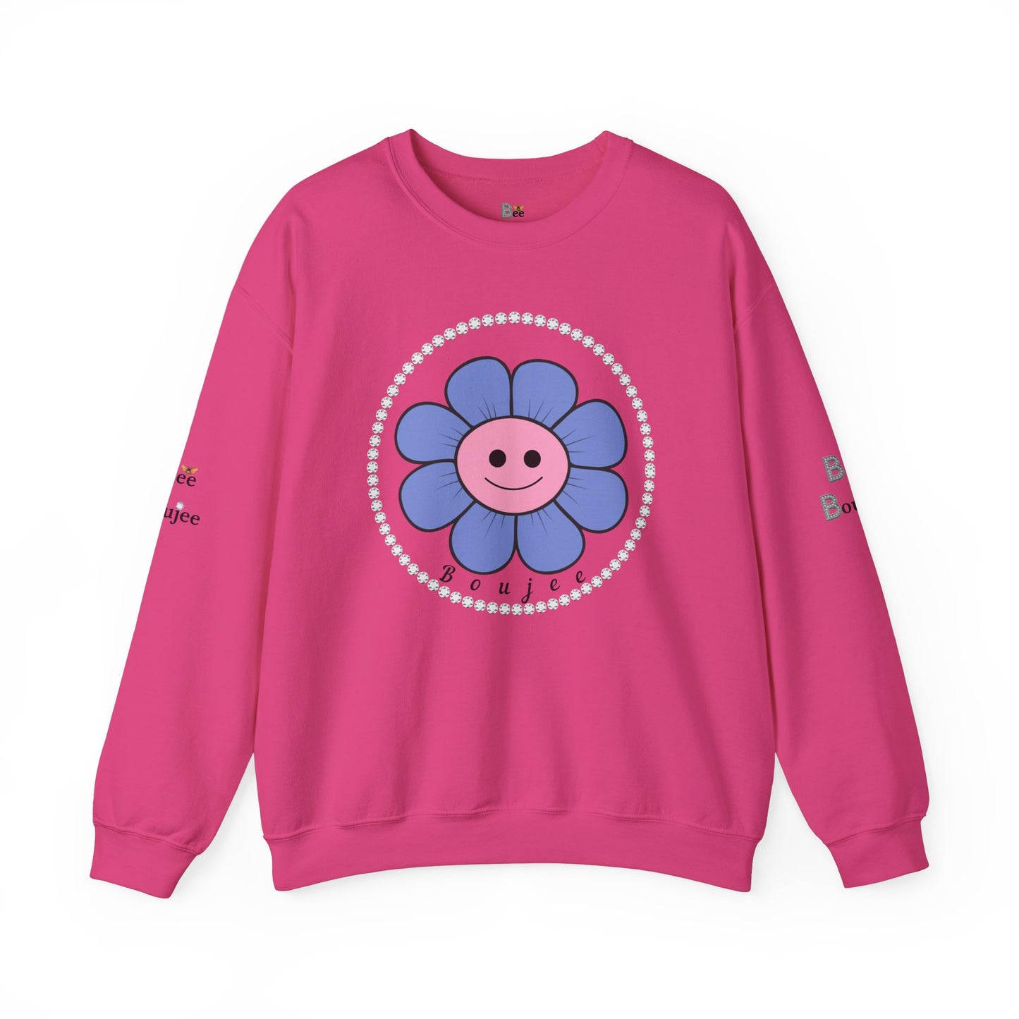 Boujee Flower Smiley Face Blue Pink - Heavy Blend™ Light Colors Crewneck Sweatshirt