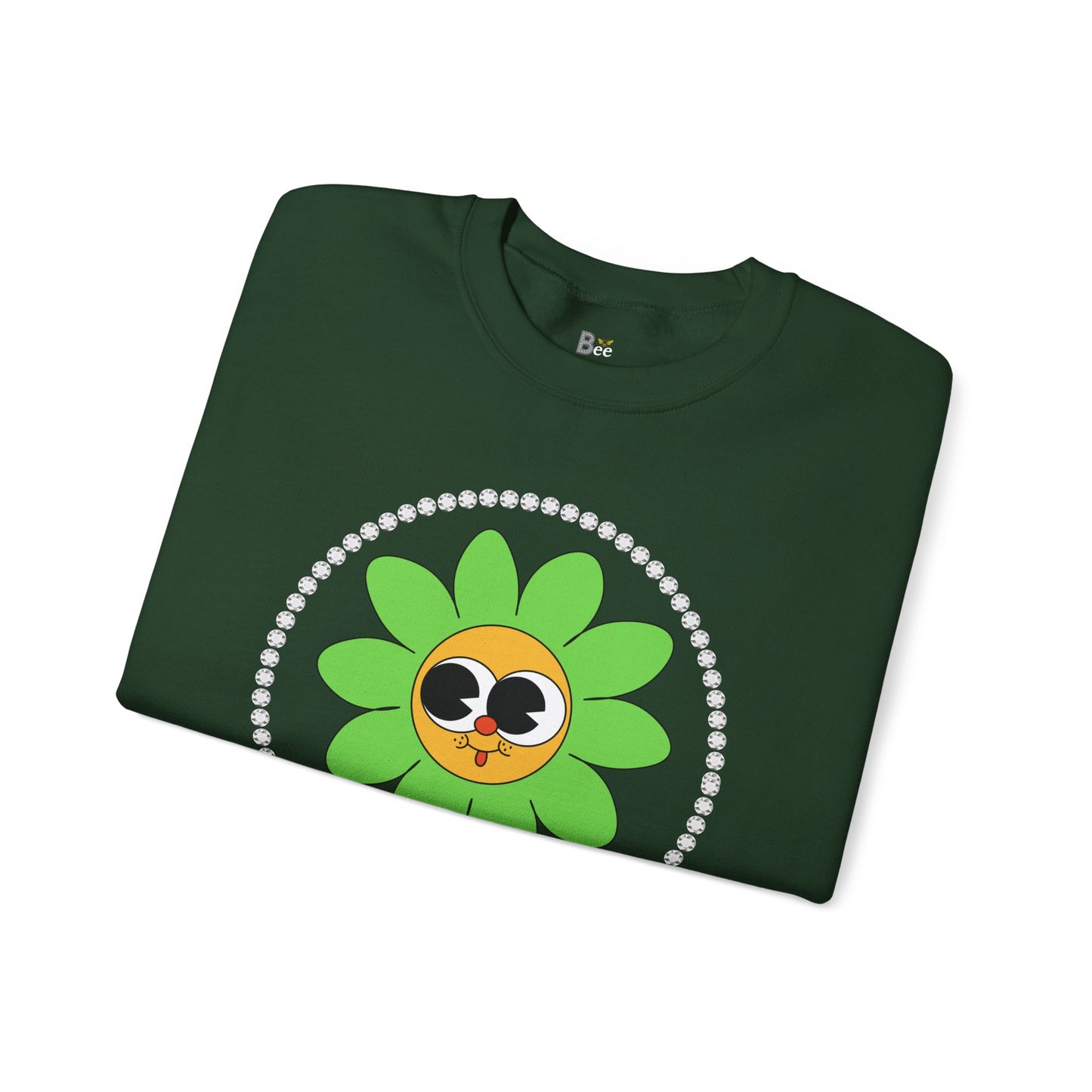 Boujee Flower Smiley Face Green Gold Wide-Eyed - Heavy Blend™ Dark Colors Crewneck Sweatshirt