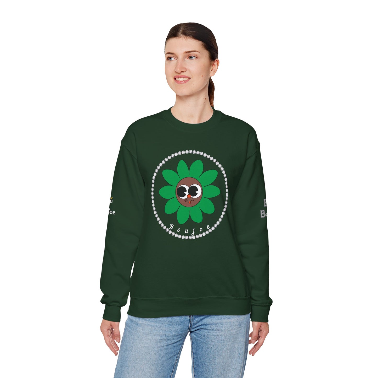 Boujee Flower Smiley Face Green Brown Wide-Eyed - Heavy Blend™ Dark Colors Crewneck Sweatshirt
