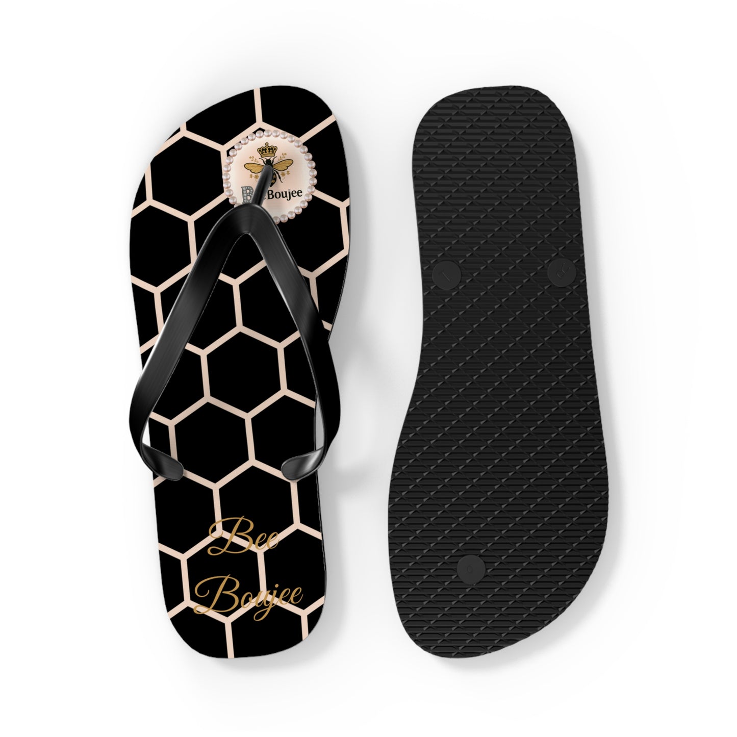 Bee Boujee Peach Honeycomb Flip-Flops (Black & Gold) - LARGE