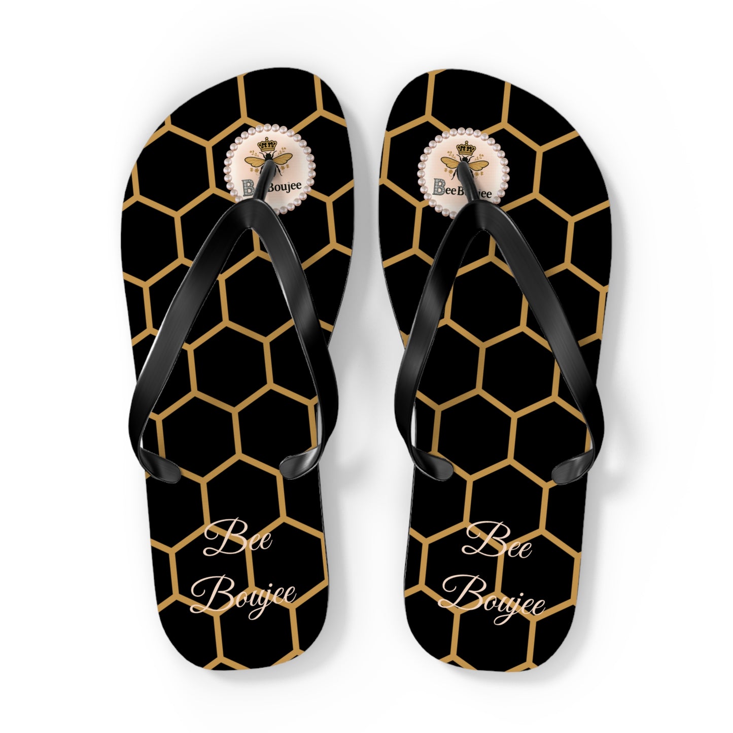 Bee Boujee Golden Honeycomb Flip-Flops (Black & Gold) - EXTRA LARGE